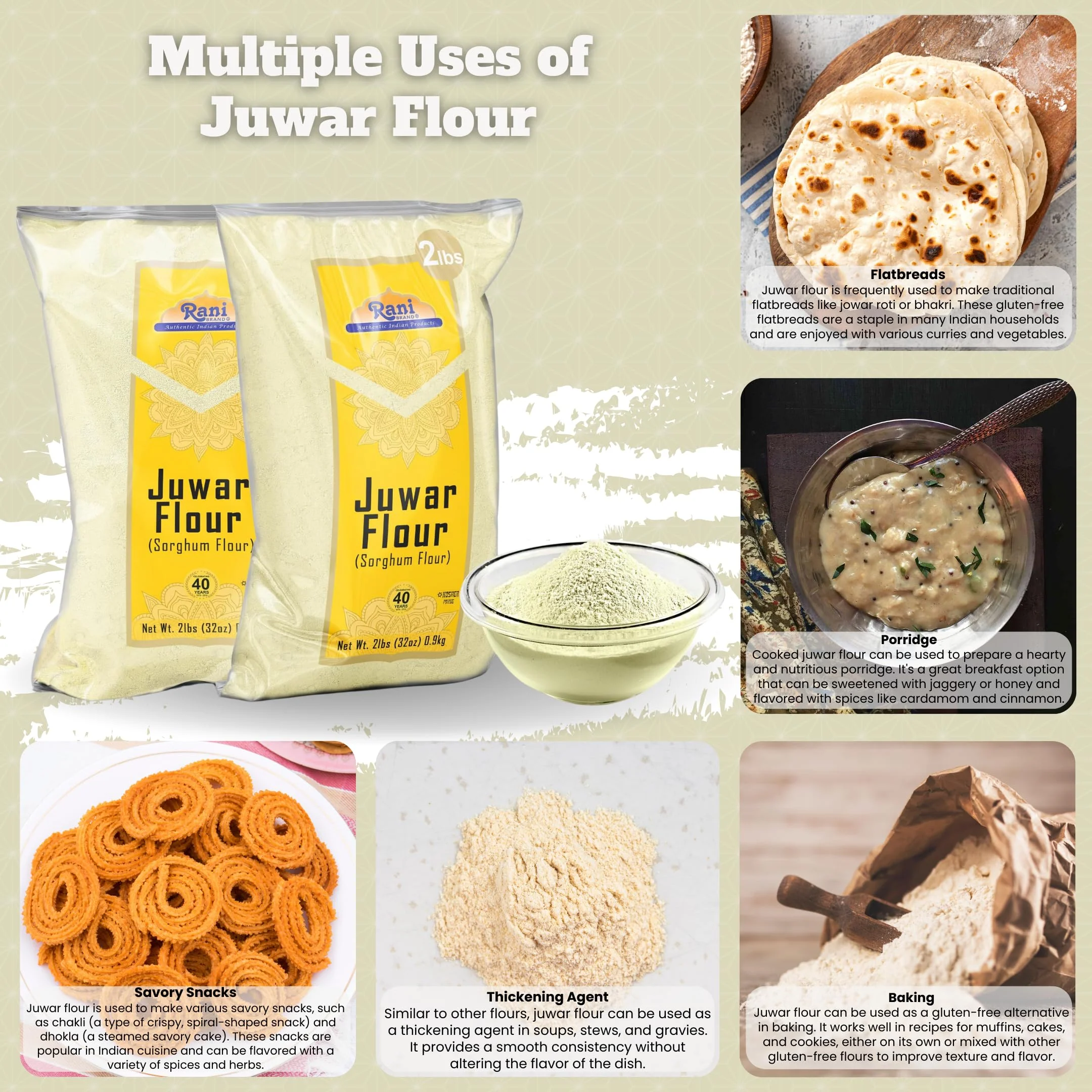 Rani Juwar (Sorghum) Flour 32oz (2lbs) 908g ~ All Natural | Salt-Free | Vegan | No Colors | Gluten Friendly | NON-GMO | Kosher | Indian Origin - Image 2