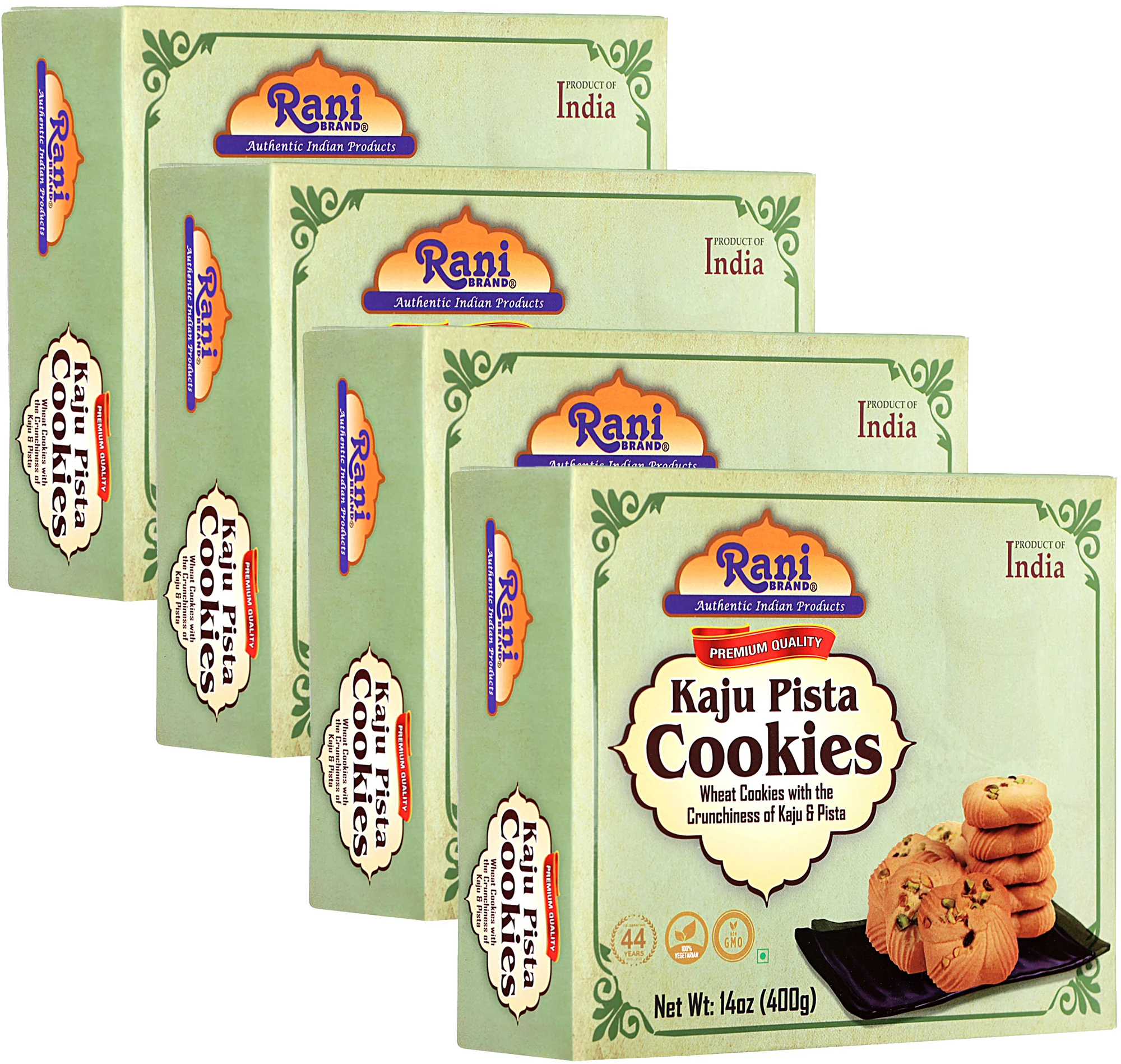 Rani Kaju Pista Cookies (Wheat Cookies with Crunchiness of Kaju & Pista) 14oz (400g) Pack of 3+1 FREE, Premium Quality Indian Cookies ~ Vegan | Non-GMO | Indian Origin