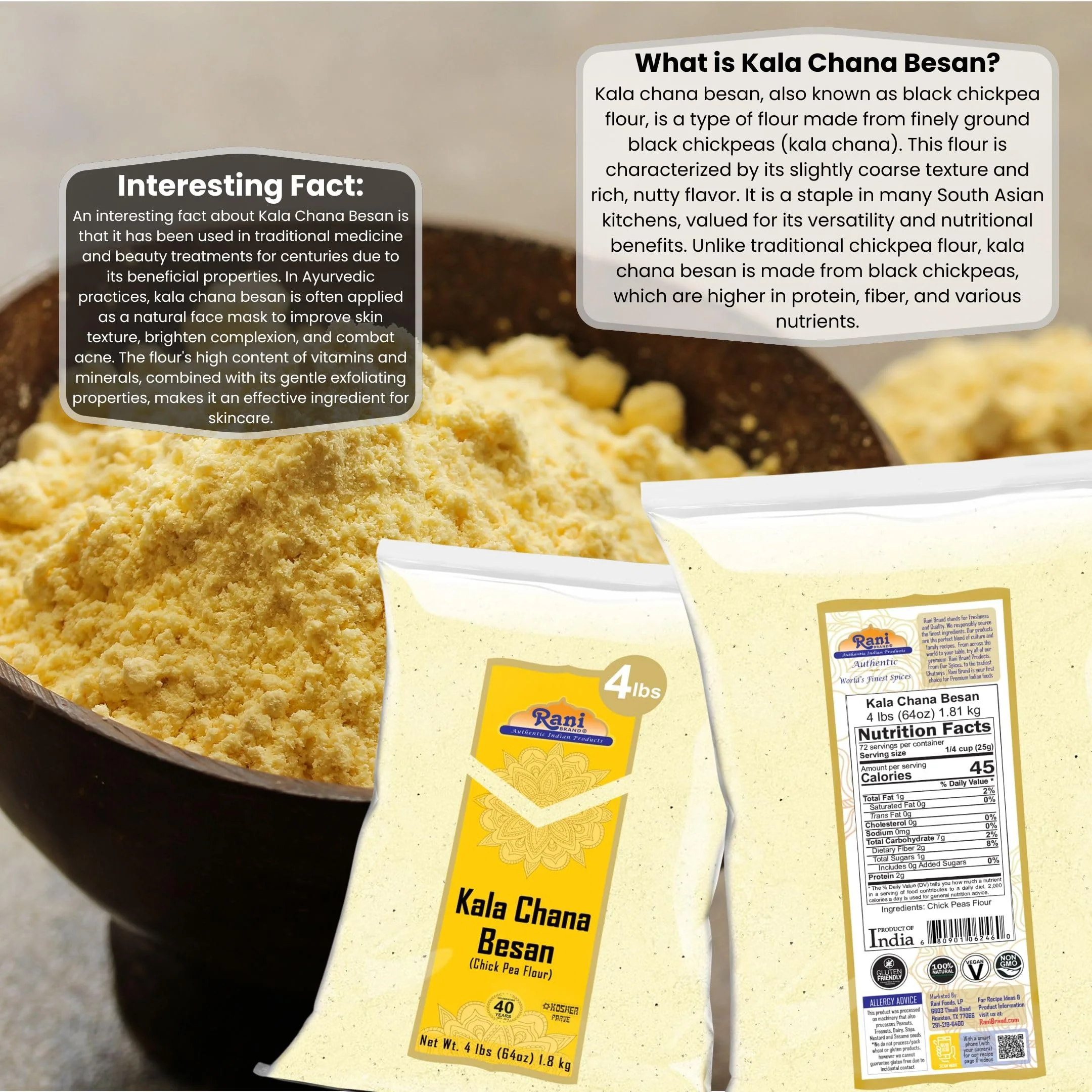 Rani Kala Chana Besan (Chick Peas Flour) 64oz (4lbs) 1.81kg Bulk ~ All Natural | Vegan | Gluten Friendly | NON-GMO | Kosher | Indian Origin - Image 3
