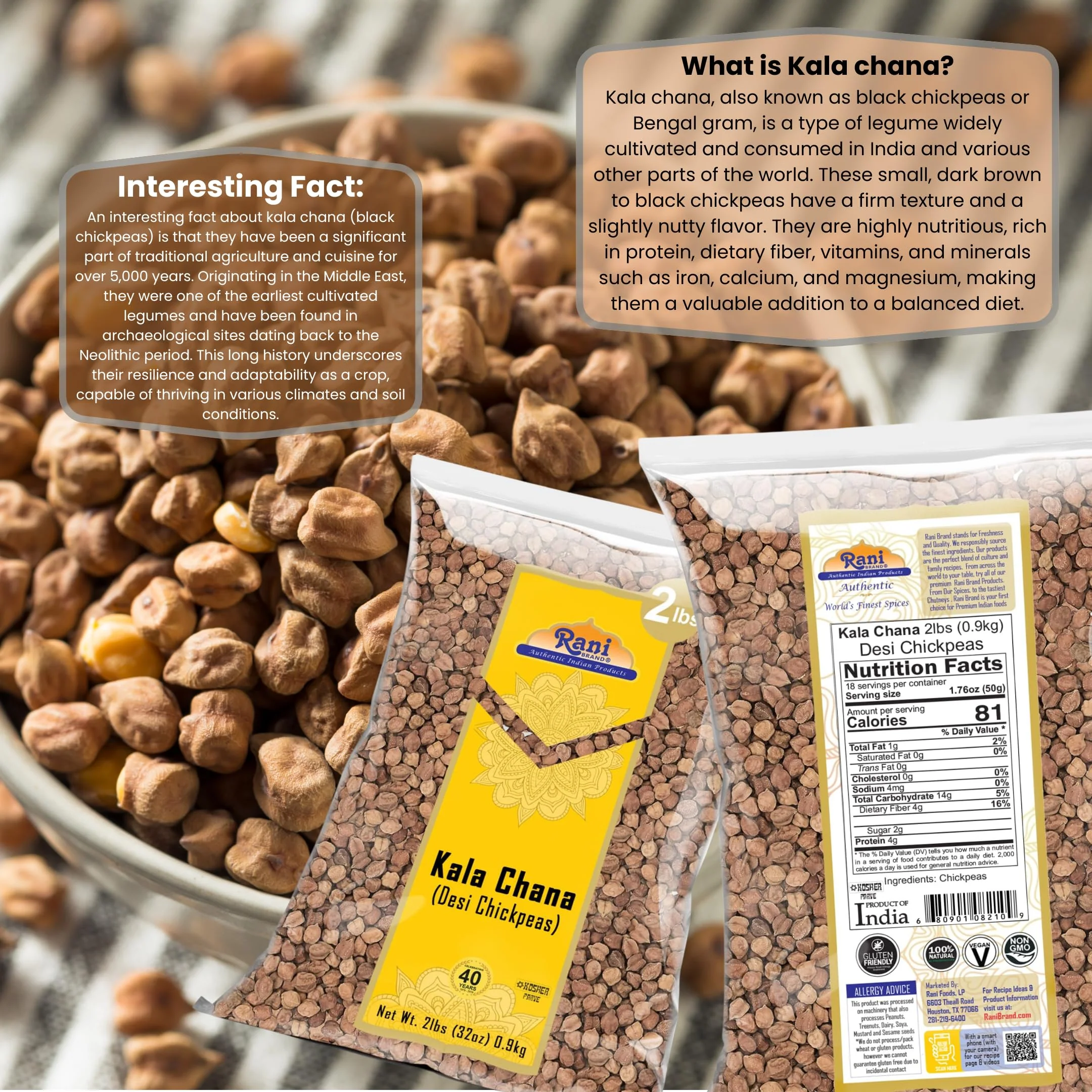 Rani Kala Chana (Desi Chickpeas Chana with skin) 32oz (2lbs) 907g ~ All Natural | Gluten Friendly | NON-GMO | Vegan | Kosher | Indian Origin - Image 3