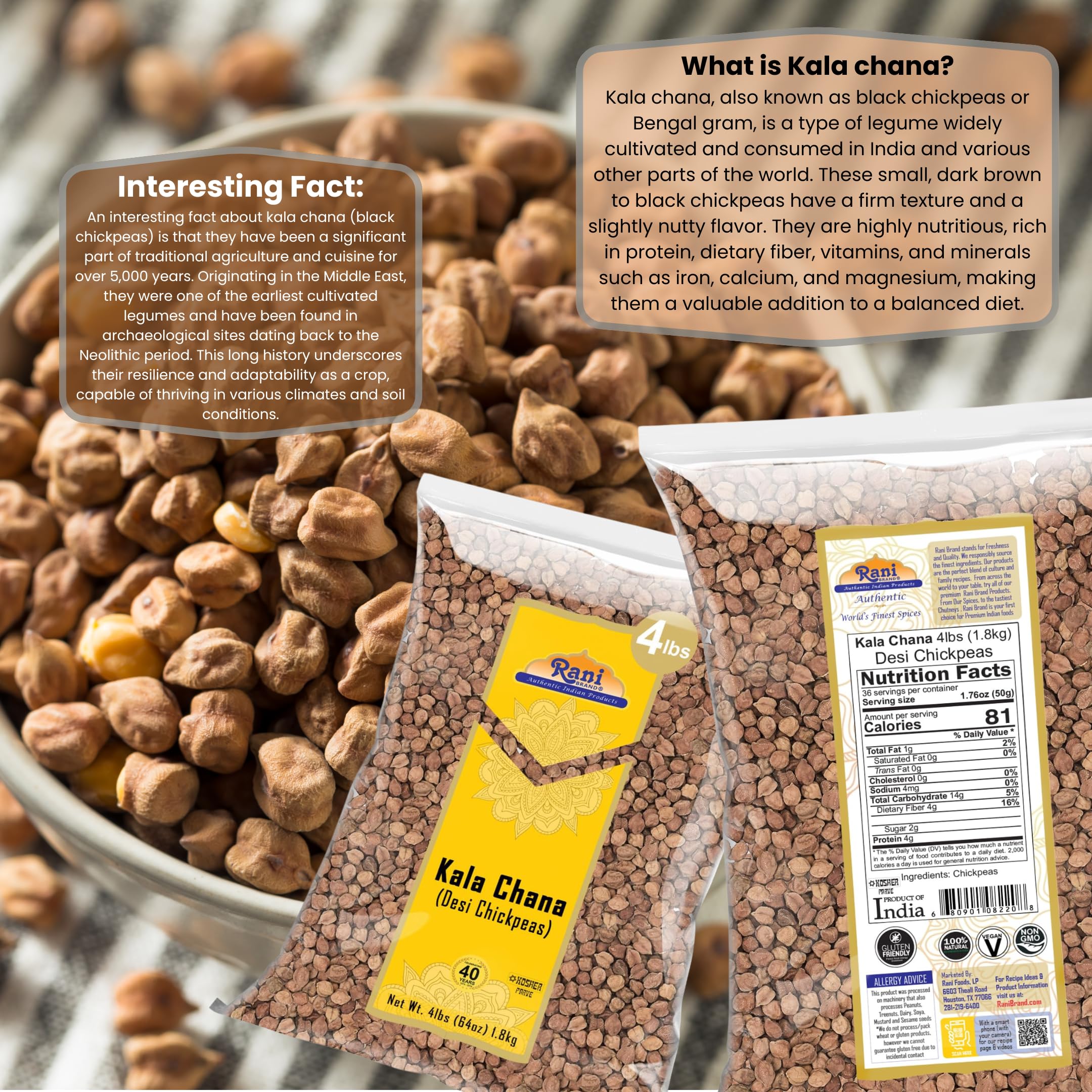Rani Kala Chana (Desi Chickpeas Chana with skin) 64oz (4lbs) 1.81kg ~ All Natural | Gluten Friendly | NON-GMO | Vegan | Kosher | Indian Origin - Image 3