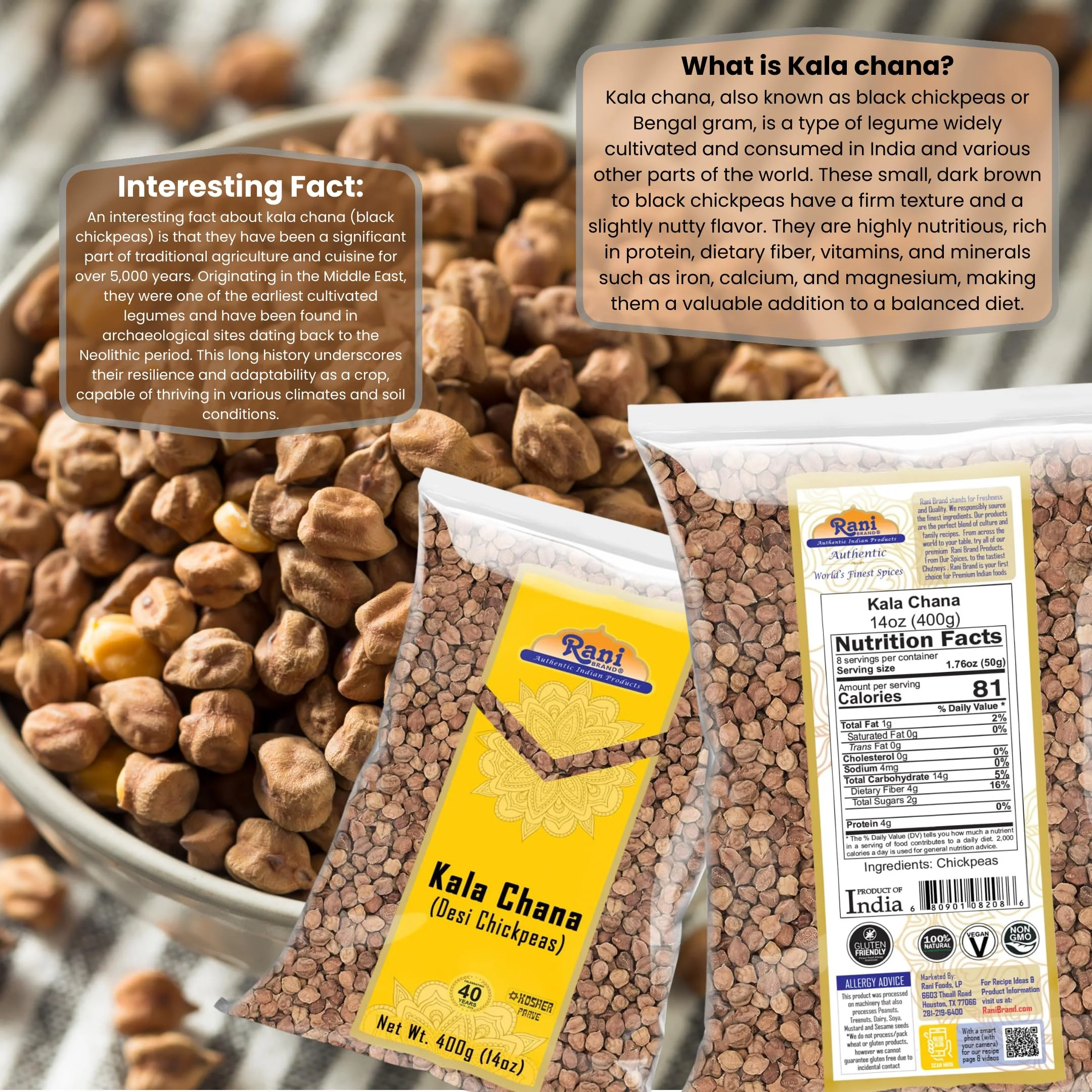 Rani Kala Chana (Desi Chickpeas Chana with skin)14oz (400g) ~ All Natural | Gluten Friendly | NON-GMO | Kosher | Vegan | Indian Origin - Image 3