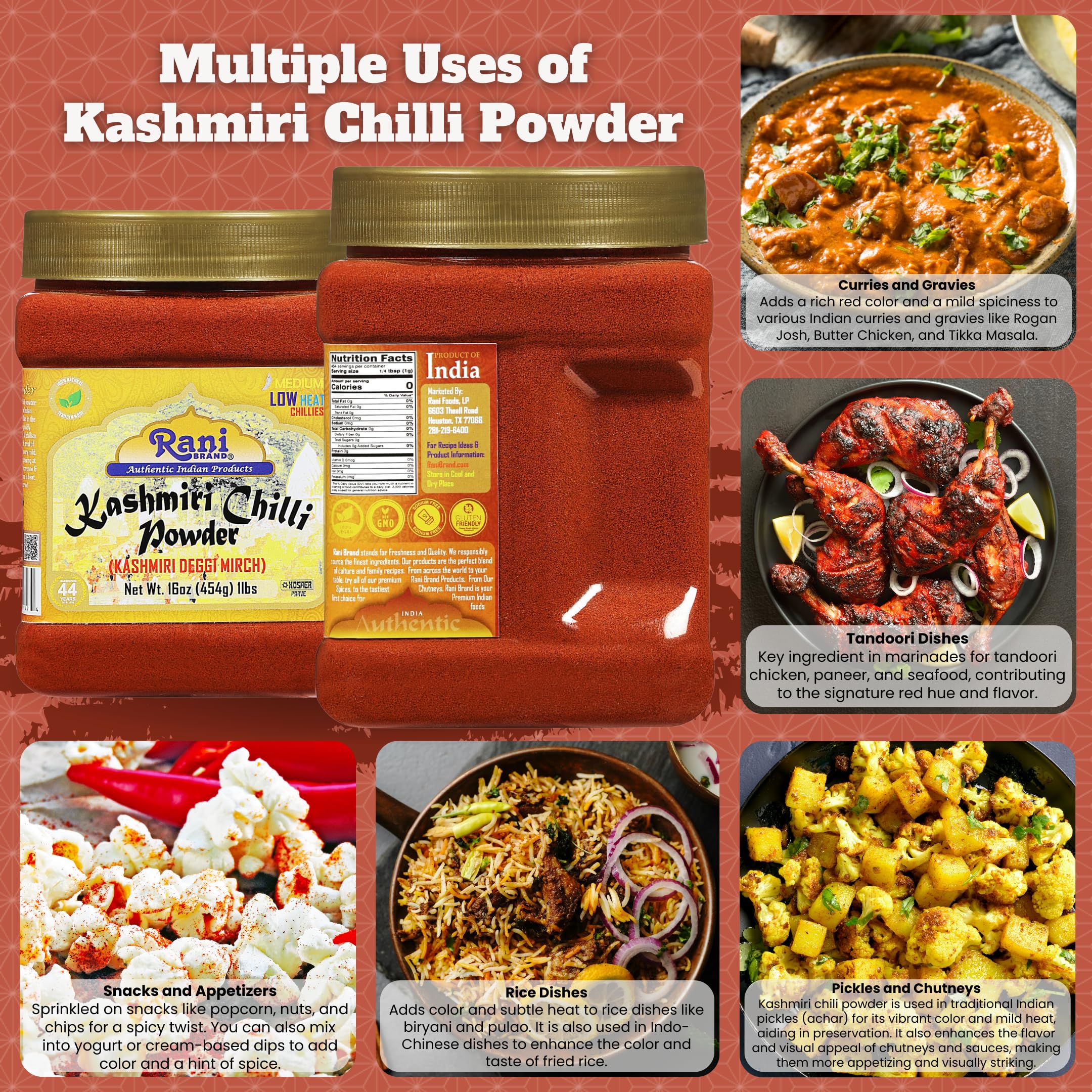 Rani Kashmiri Chilli Powder (Deggi Mirch) 16oz (1lb) 454g PET Jar ~ Natural | Salt-Free | Vegan | Gluten Friendly | NON-GMO | Kosher | Perfect for Deviled Eggs & Other Low Heat Dishes - Image 2
