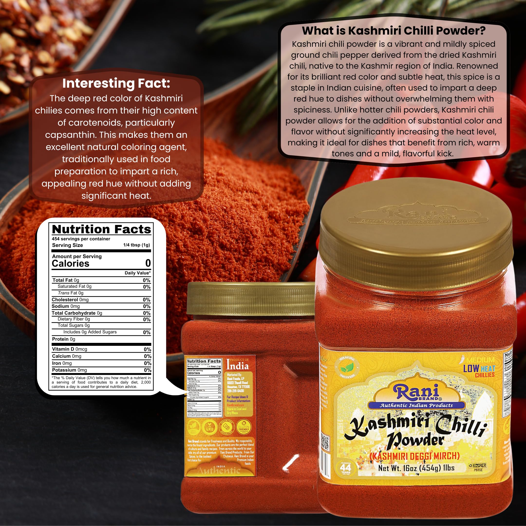 Rani Kashmiri Chilli Powder (Deggi Mirch) 16oz (1lb) 454g PET Jar ~ Natural | Salt-Free | Vegan | Gluten Friendly | NON-GMO | Kosher | Perfect for Deviled Eggs & Other Low Heat Dishes - Image 3
