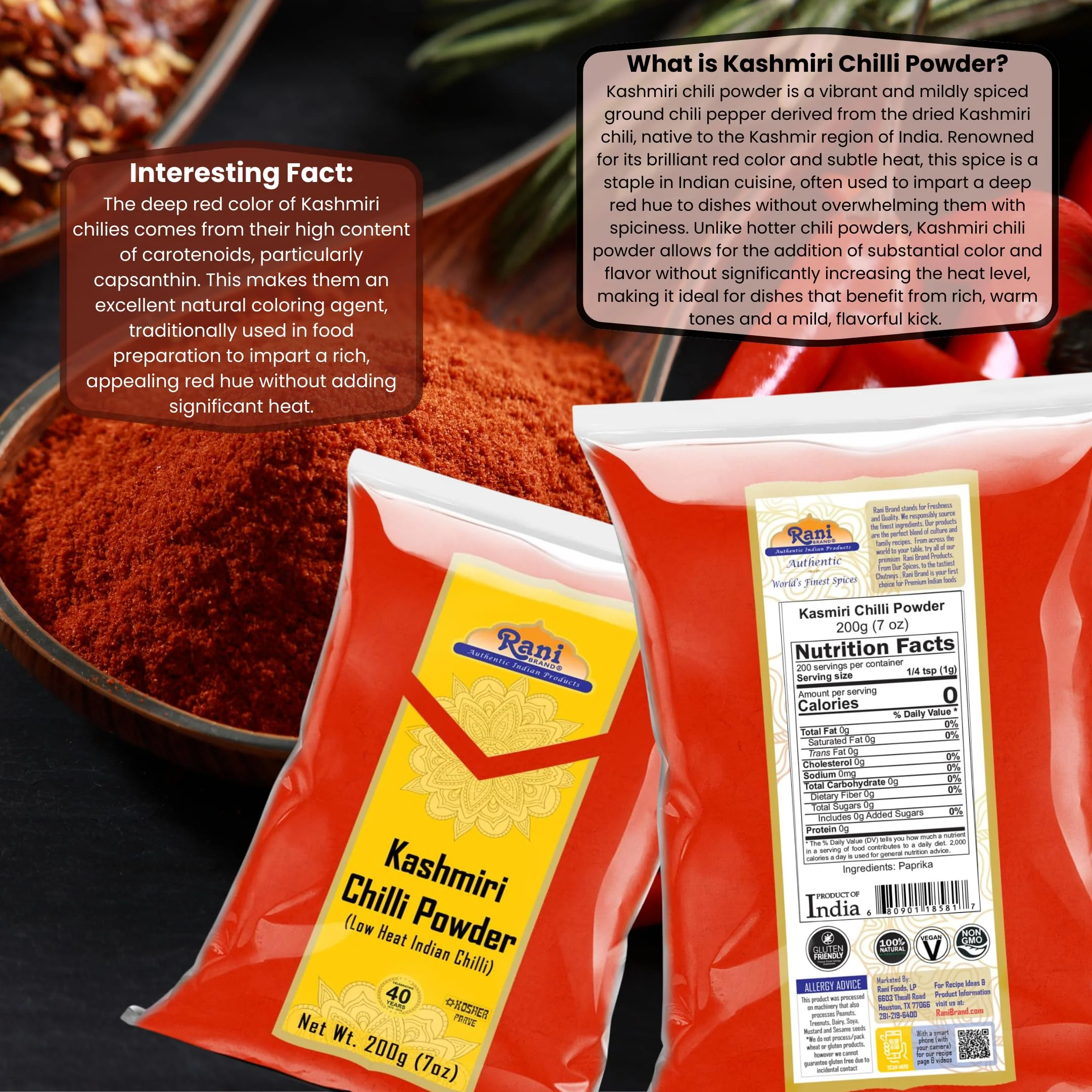 Rani Kashmiri Chilli Powder (Deggi Mirch, Low Heat) Ground Indian Spice 7oz (200g) ~ All Natural | Salt-Free | Vegan | Gluten Friendly | NON-GMO | Kosher | Perfect for Deviled Eggs & Other Low Heat Dishes - Image 3