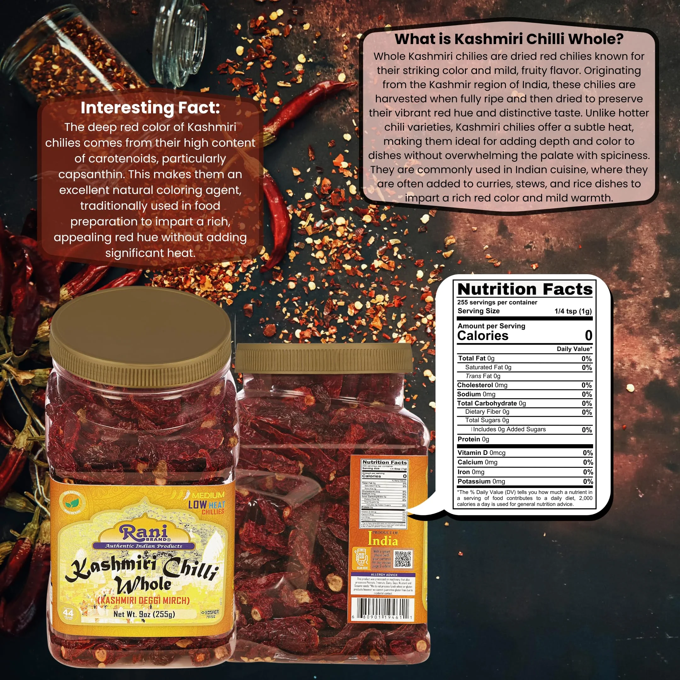 Rani Kashmiri Chilli Whole Stemless (Deggi Mirch, Low Heat) 9oz (255g) PET Jar ~ Natural | Salt-Free | Vegan | No Colors | Gluten Friendly | NON-GMO | Kosher | Indian Origin - Image 3