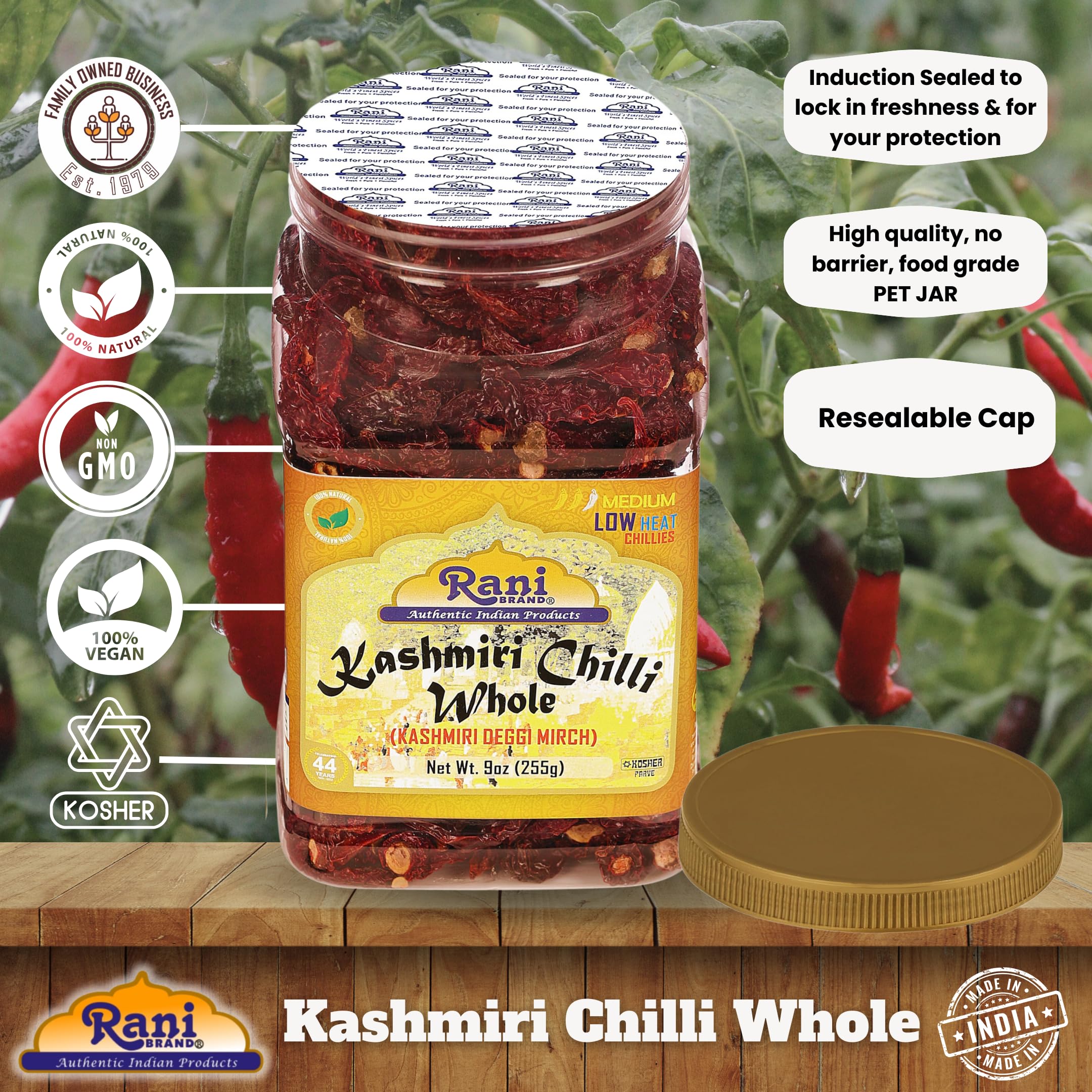 Rani Kashmiri Chilli Whole Stemless (Deggi Mirch, Low Heat) 9oz (255g) PET Jar ~ Natural | Salt-Free | Vegan | No Colors | Gluten Friendly | NON-GMO | Kosher | Indian Origin - Image 4