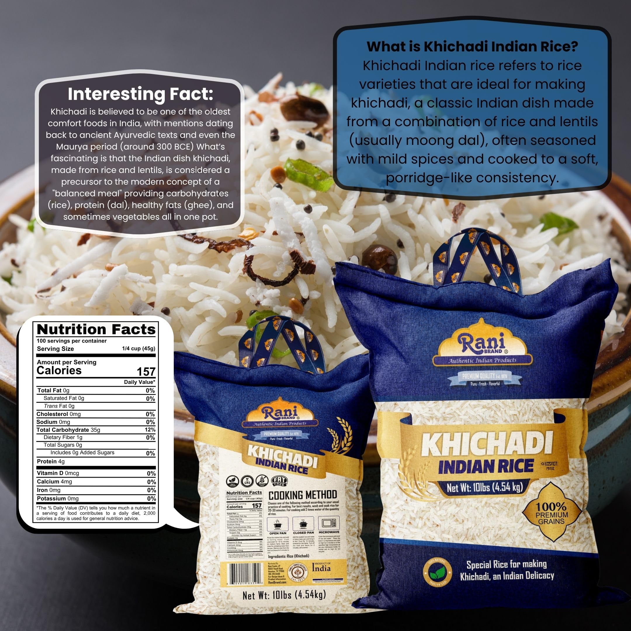 Rani Khichadi Indian Rice 160oz (10lbs) 4.54kg Cloth Bag ~ All Natural | Gluten Friendly | Vegan | Kosher | Export Quality | Indian Origin - Image 3