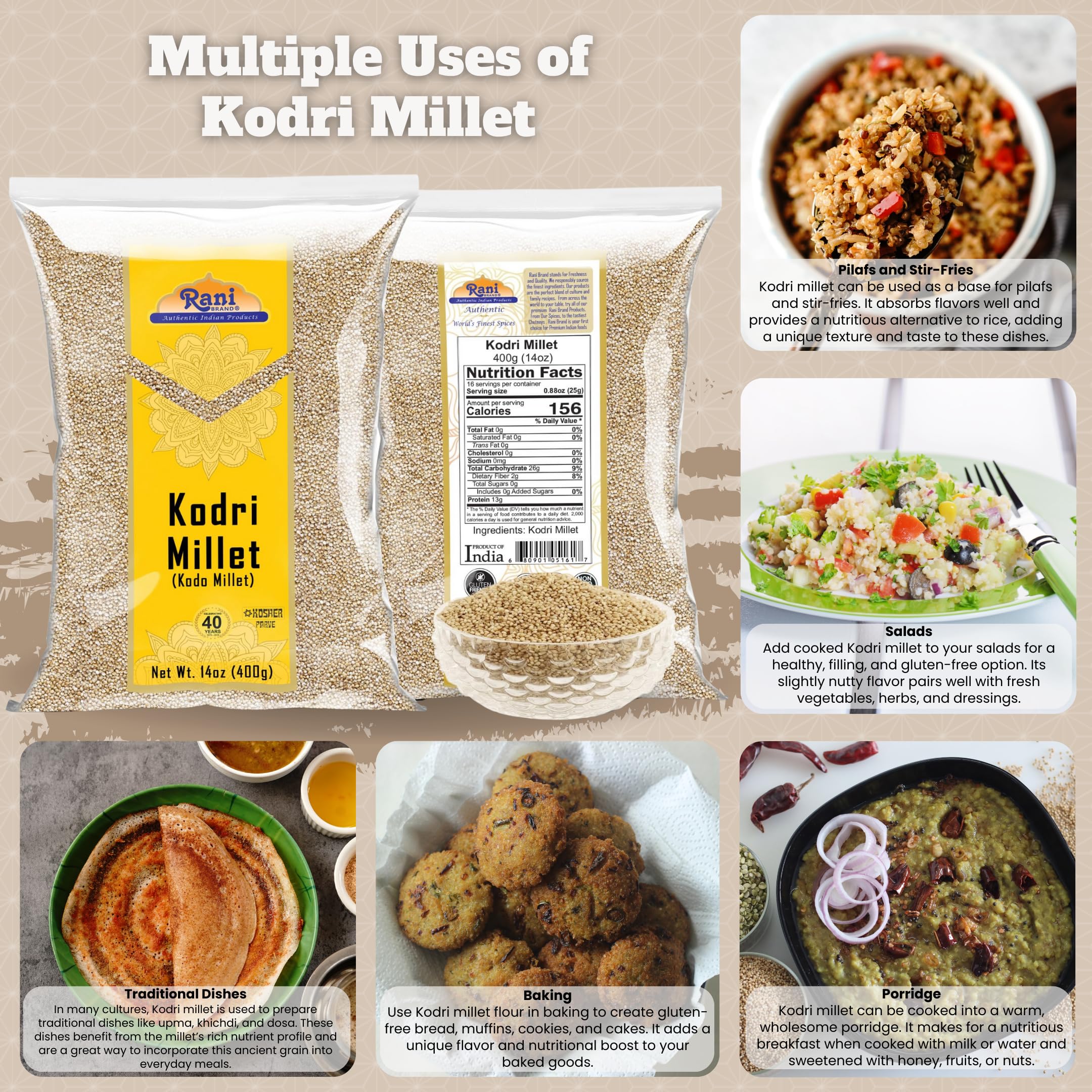 Rani Kodri (Polished Kodo Millet Seeds) Ancient Grains 400g (14oz) ~ All Natural | Gluten Friendly | NON-GMO | Kosher | Vegan | Indian Origin (Varagu / Kodra / Harka) - Image 2