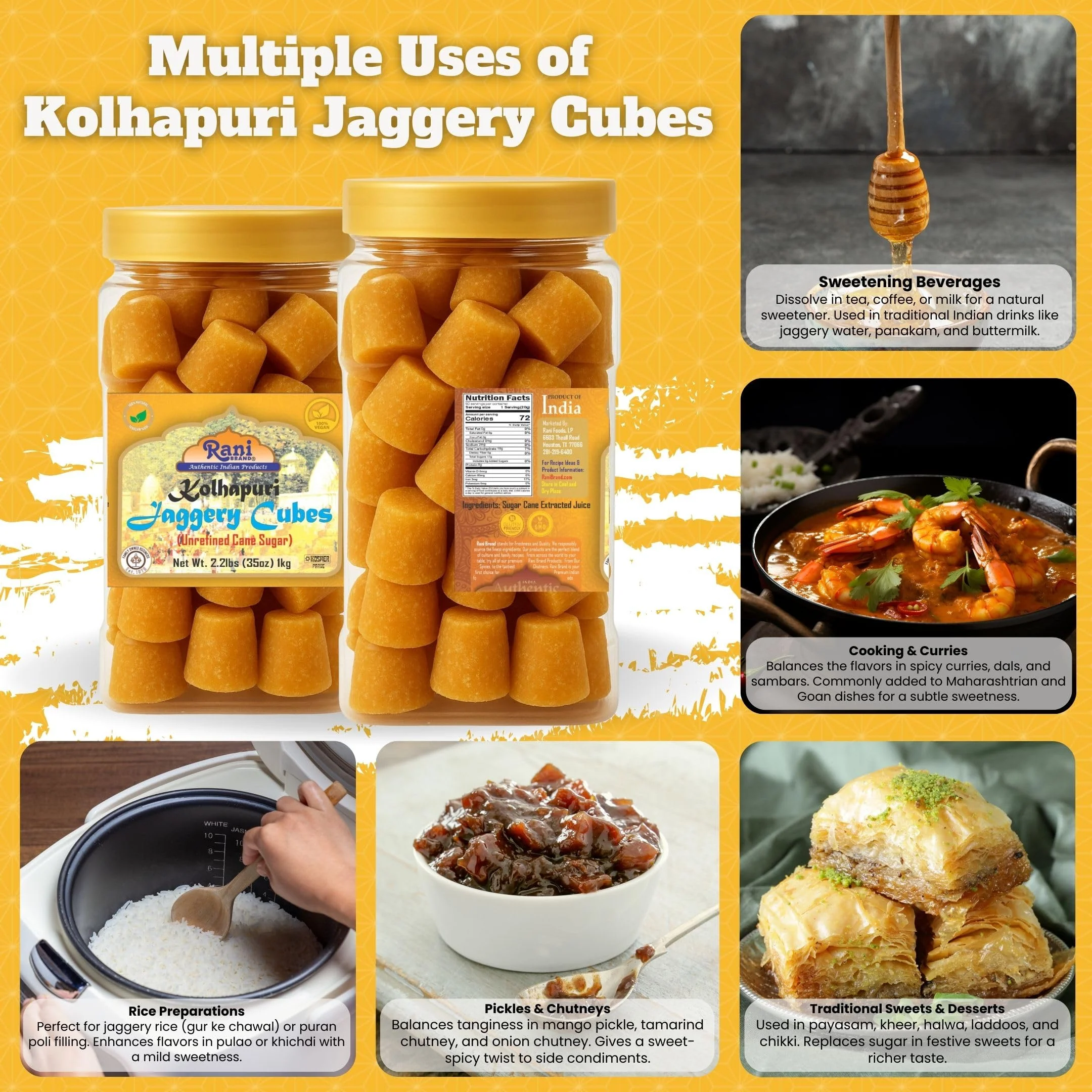 Rani Kolhapuri Jaggery Cubes (Unrefined Cane Sugar) 35oz (2.2bs) 1kg PET Jar ~ All Natural, No Color added, Gluten Friendly | Vegan | NON-GMO | Kosher | No Salt or fillers - Image 2