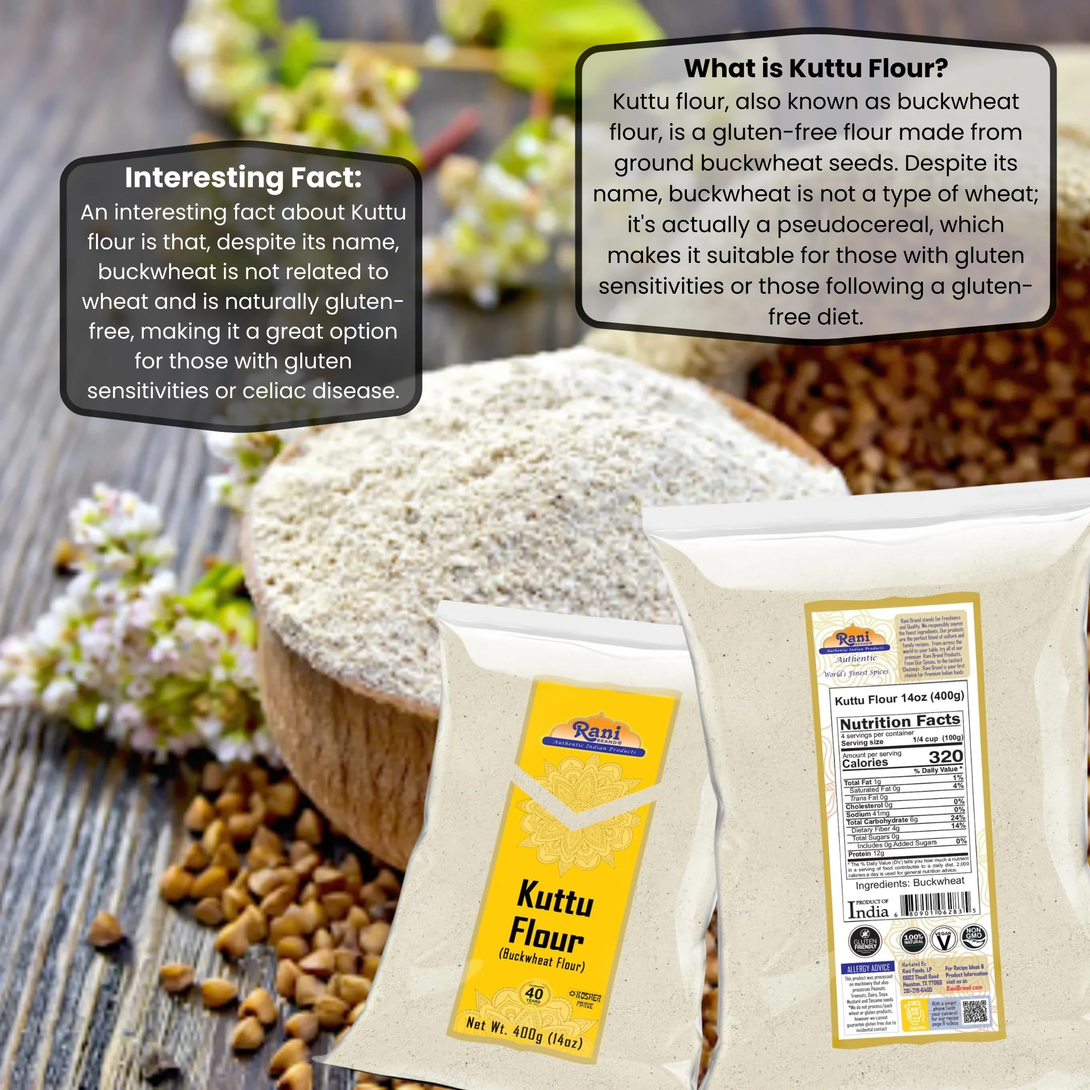 Rani Kuttu (Buckwheat) Flour 14oz (400g) ~ All Natural | Gluten Friendly | NON-GMO | Kosher | Vegan | Indian Origin - Image 3