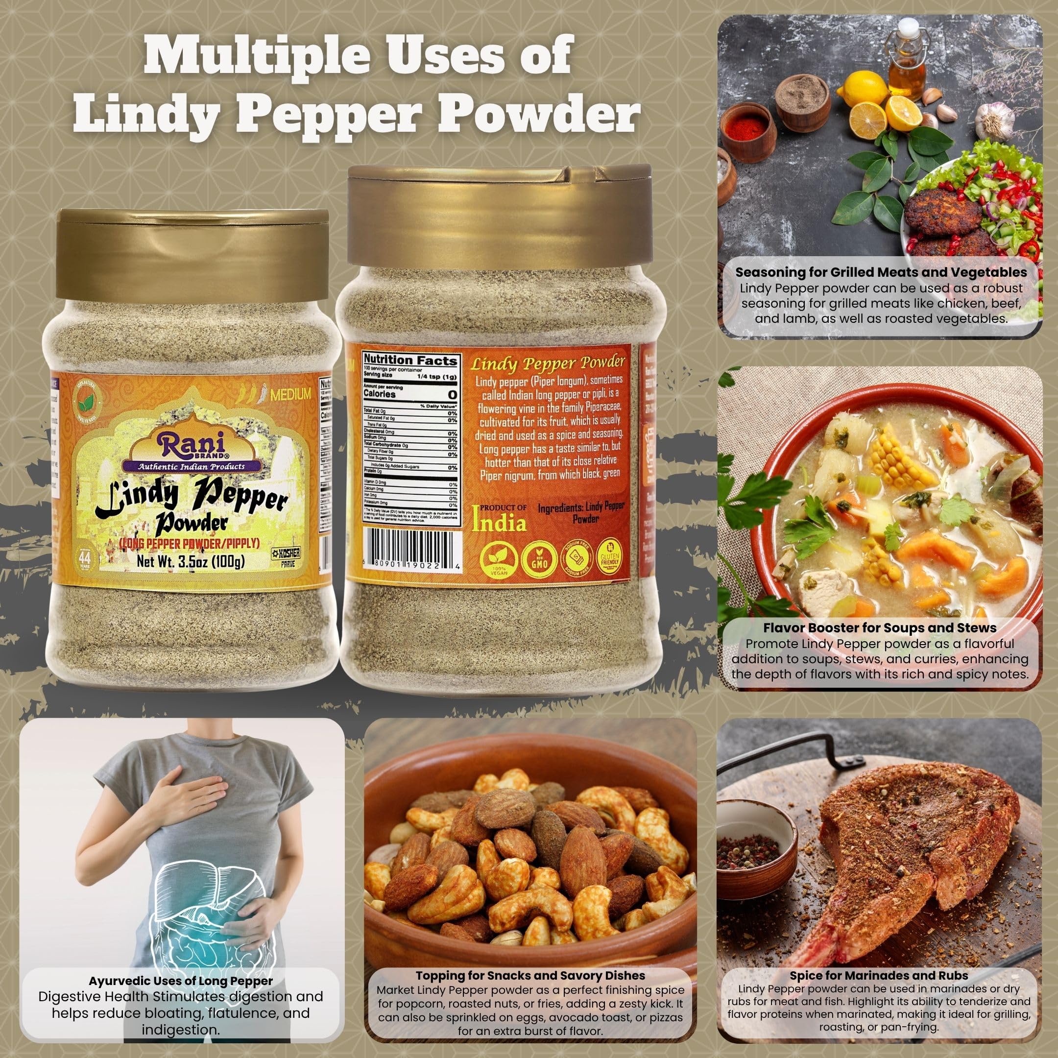 Rani Lindy Pepper Powder (Long Pepper, Piper Longum, Pipli) 3.5oz (100g) PET Jar ~ All Natural | Gluten Friendly | NON-GMO | Kosher | Vegan | Indian Origin - Image 2