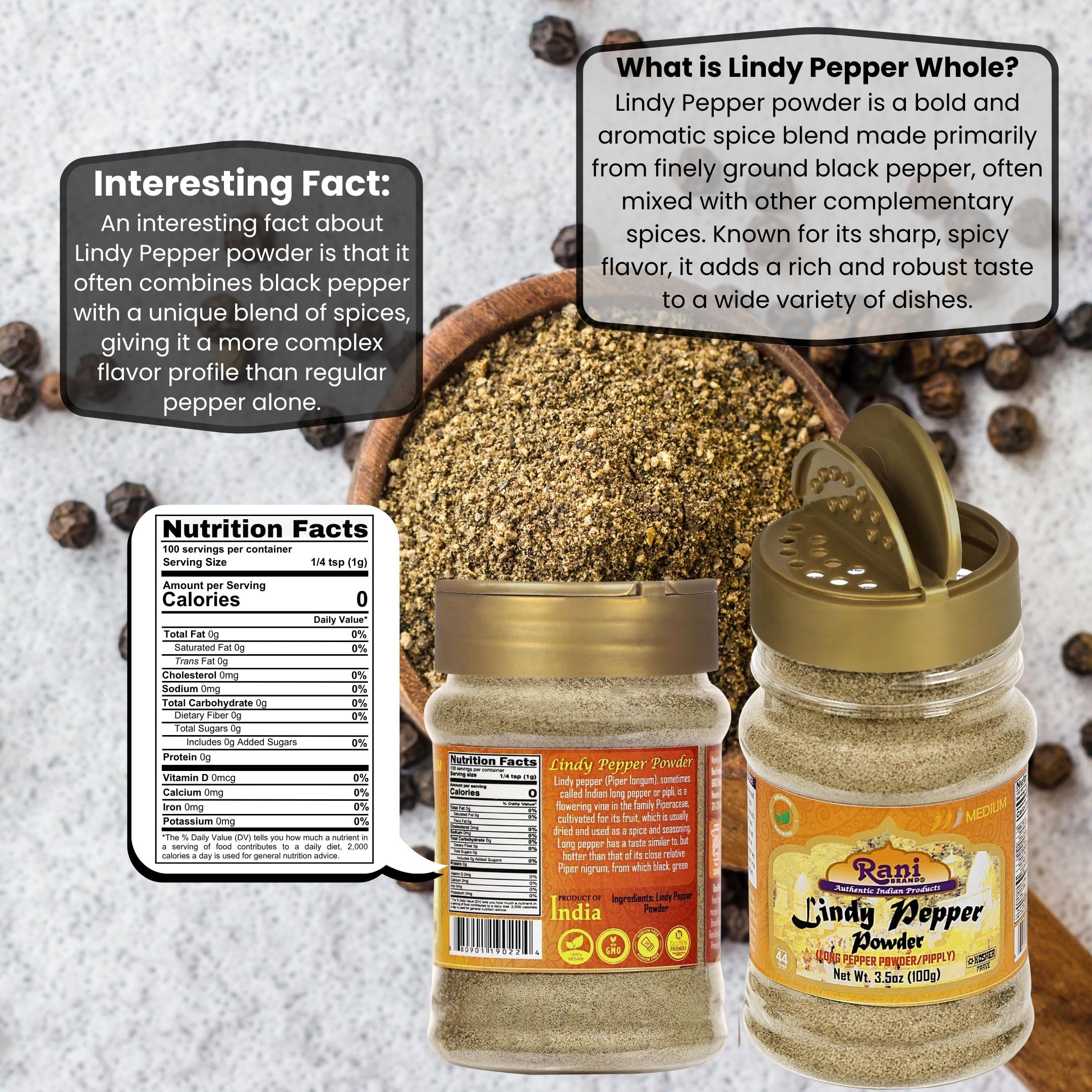 Rani Lindy Pepper Powder (Long Pepper, Piper Longum, Pipli) 3.5oz (100g) PET Jar ~ All Natural | Gluten Friendly | NON-GMO | Kosher | Vegan | Indian Origin - Image 3