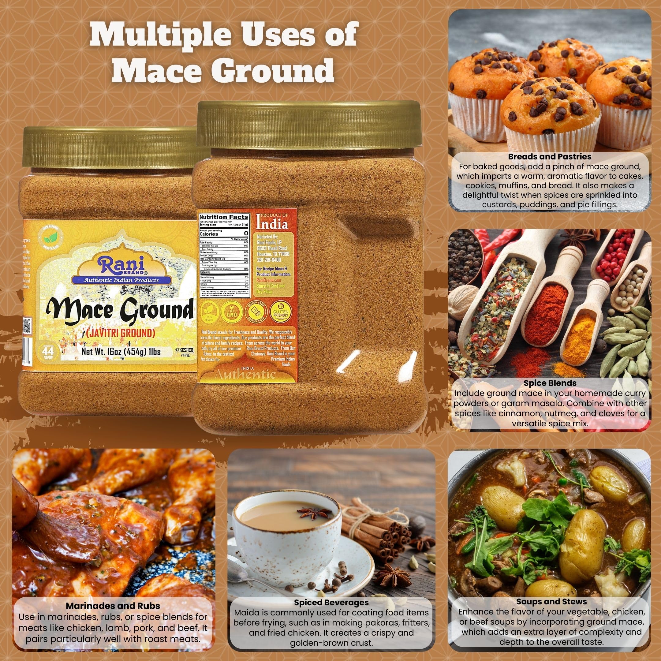Rani Mace Ground (Javathri) Powder 16oz (454g) 1 Pound, PET jar ~ All Natural | Vegan | Gluten Friendly | NON-GMO | Kosher | Indian Origin - Image 2
