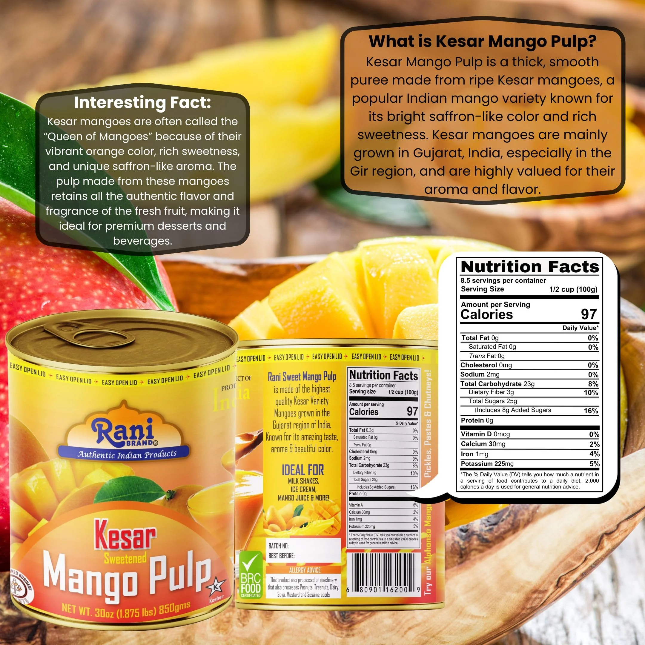 Rani Mango Pulp Puree (Kesar Sweetened) 30oz (1.875lbs) 850g Pack of 2 ~ Kosher | All Natural | NON-GMO | Vegan | No colors | Gluten Friendly - Image 3