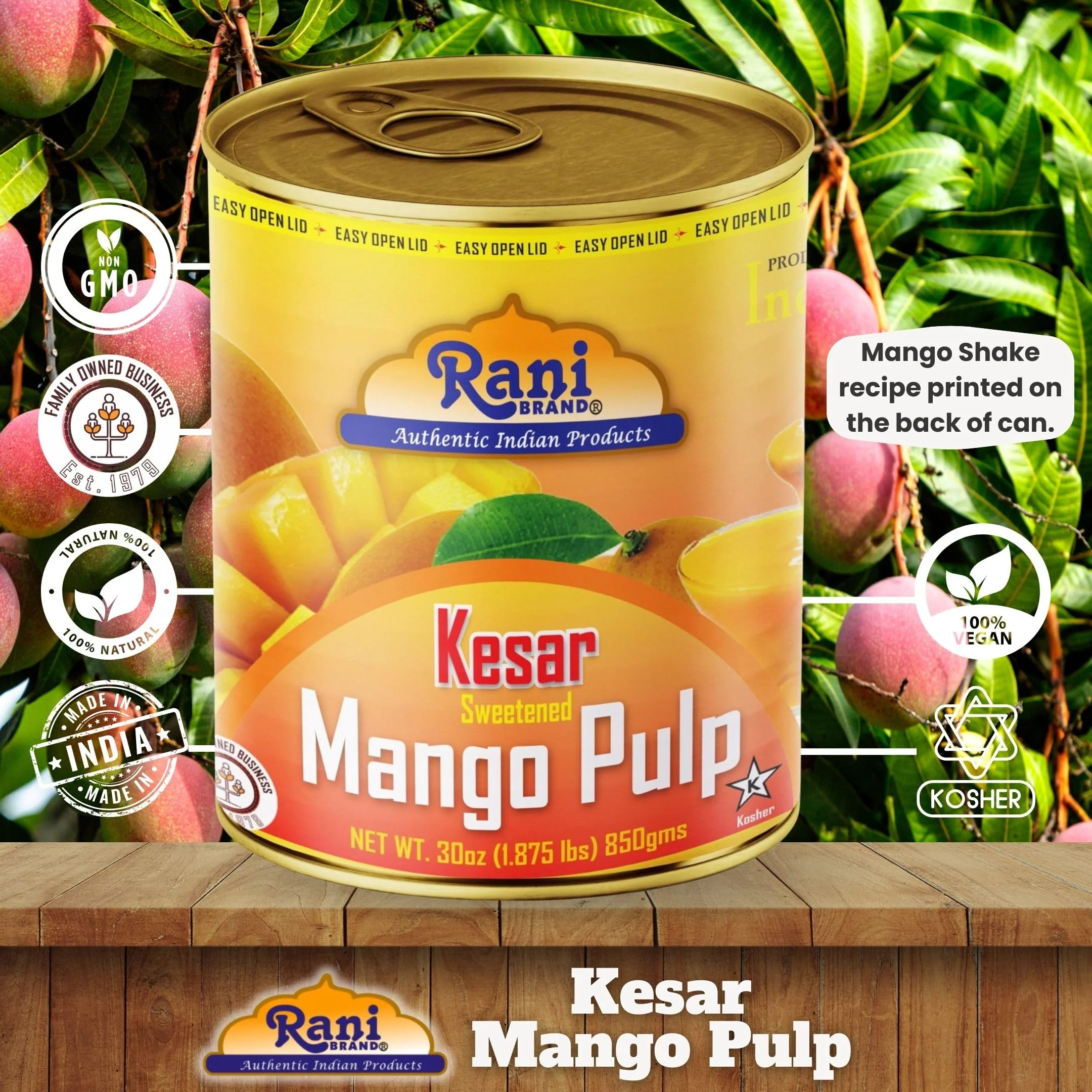 Rani Mango Pulp Puree (Kesar Sweetened) 30oz (1.875lbs) 850g Pack of 2 ~ Kosher | All Natural | NON-GMO | Vegan | No colors | Gluten Friendly - Image 4
