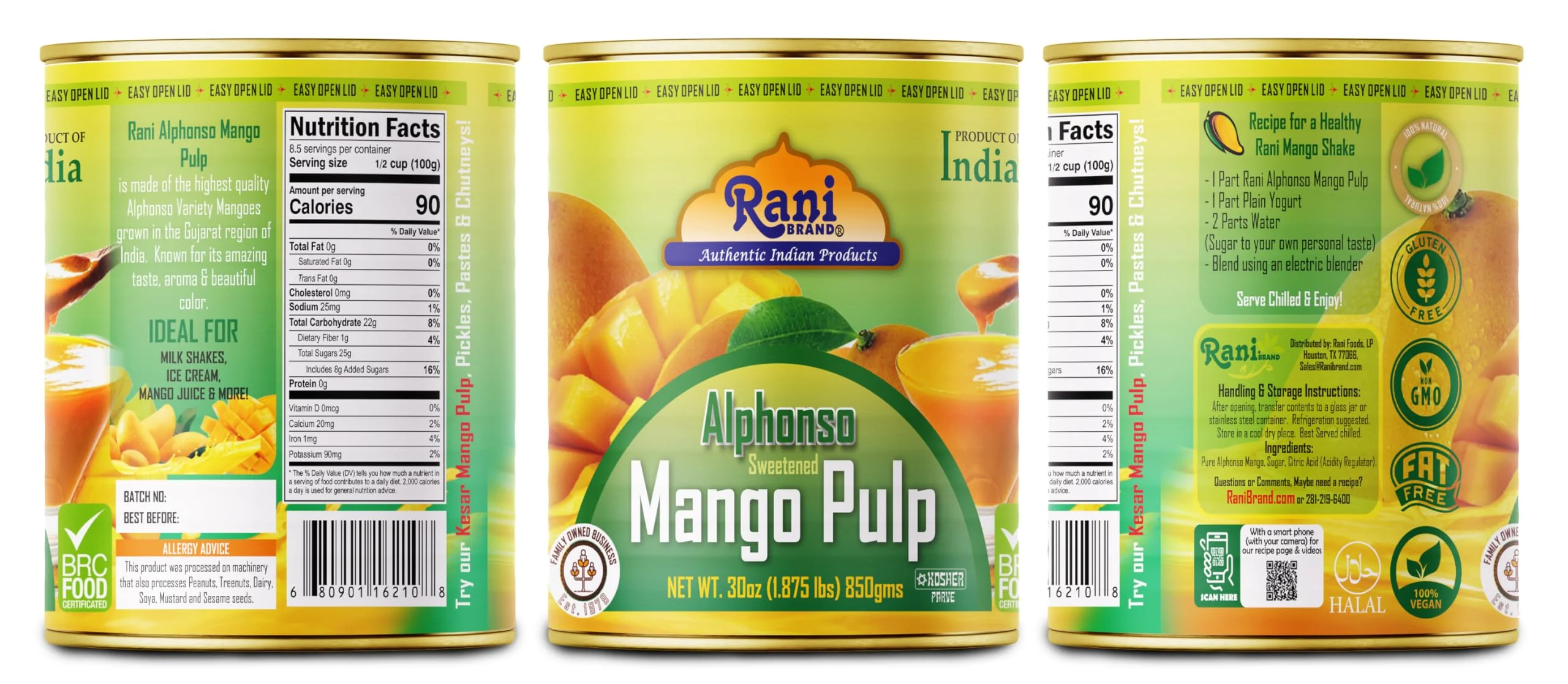 Rani Mango Pulp Puree (Makes Mango Lassi Shakes) Alphonso Sweetened 30oz (1.875lbs) 850g Pack of 2 ~ Kosher | All Natural | NON-GMO | Vegan | No colors | Gluten Friendly | Indian Origin - Image 8