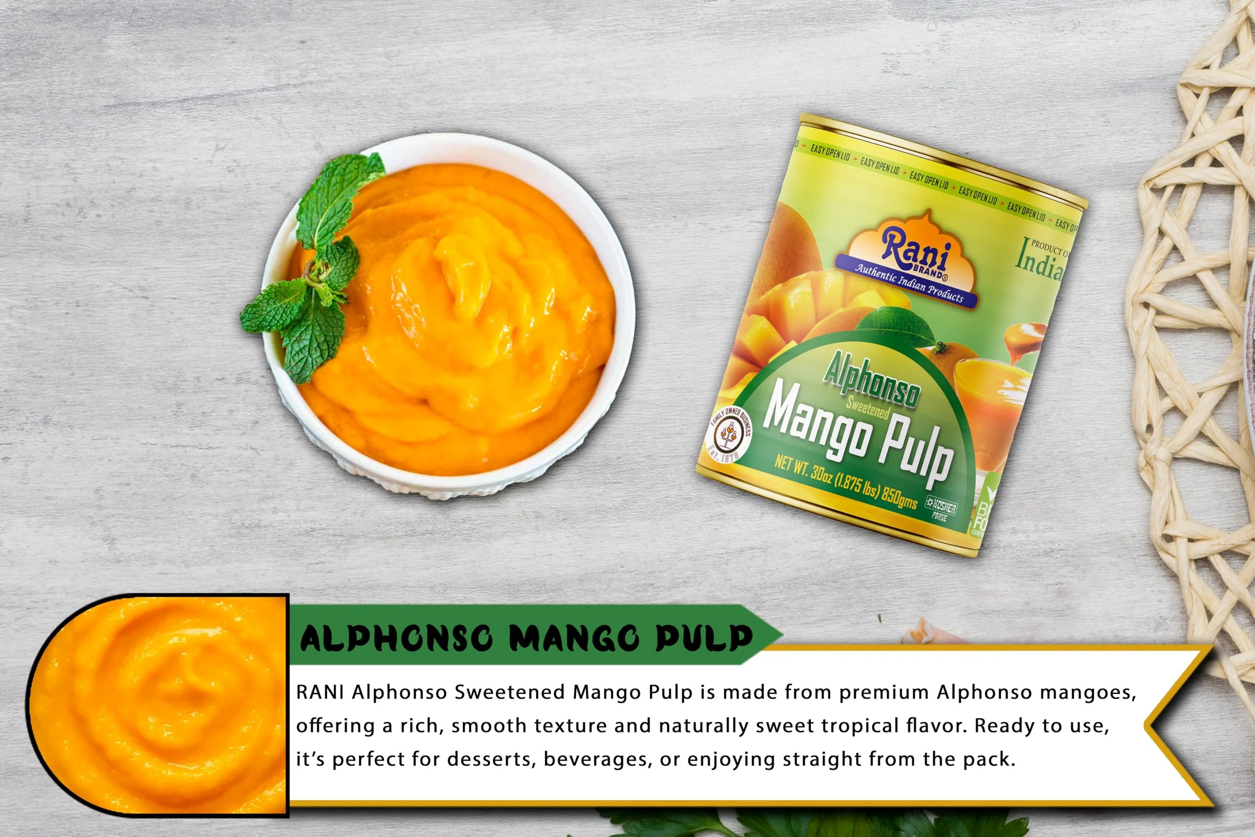 Rani Mango Pulp Puree (Makes Mango Lassi Shakes) Alphonso Sweetened 30oz (1.875lbs) 850g Pack of 6 ~ Kosher | All Natural | NON-GMO | Vegan | No colors | Gluten Friendly | Indian Origin - Image 6