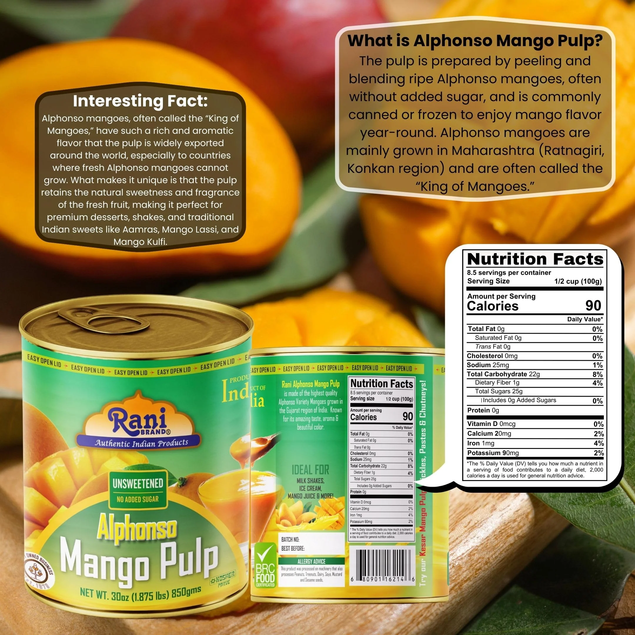 Rani Mango Pulp Puree (Makes Mango Lassi Shakes) Alphonso Unsweetened 30oz (1.875lbs) 850g Pack of 2 ~ Kosher | All Natural | NON-GMO | Vegan | No colors | Gluten Friendly | Indian Origin - Image 3