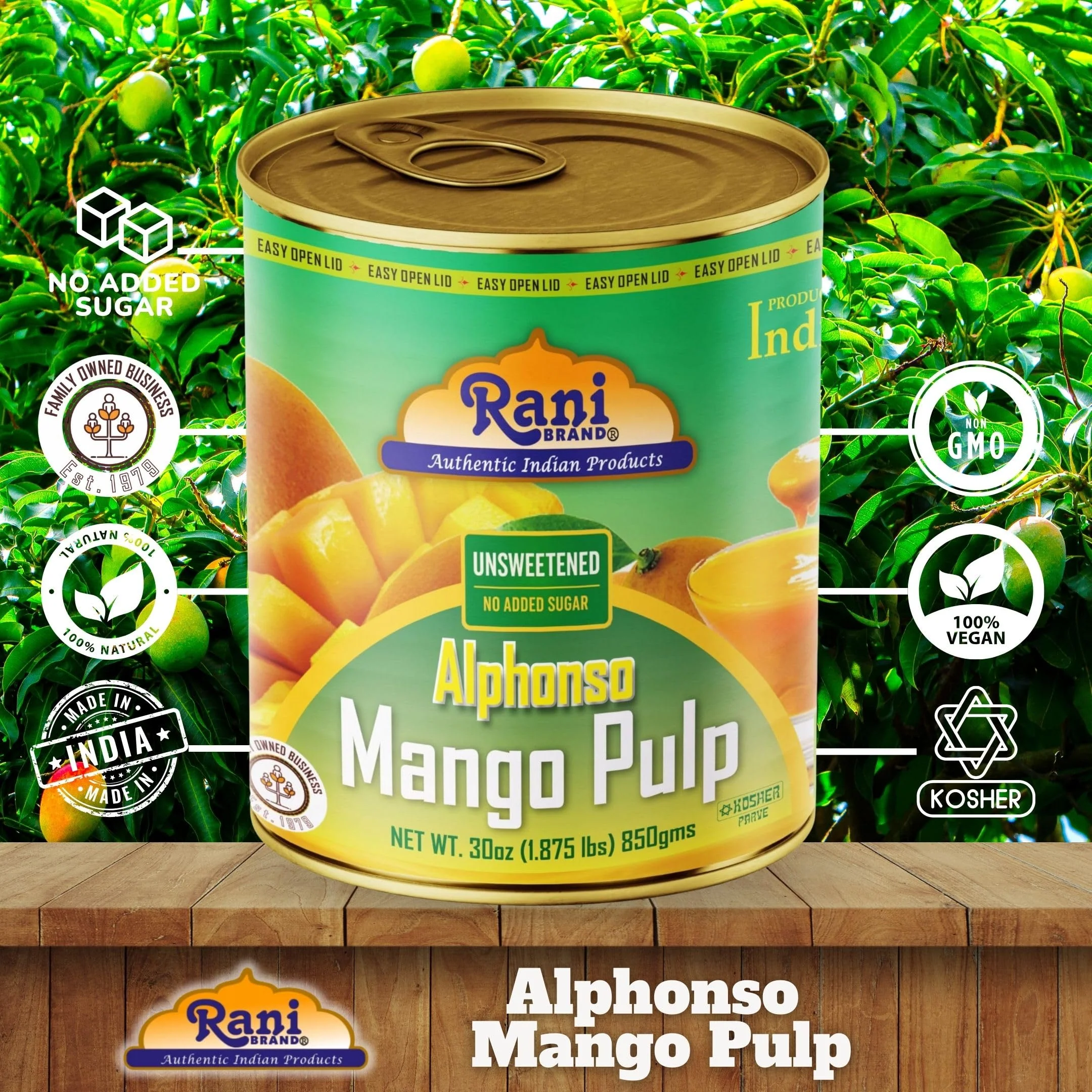 Rani Mango Pulp Puree (Makes Mango Lassi Shakes) Alphonso Unsweetened 30oz (1.875lbs) 850g Pack of 2 ~ Kosher | All Natural | NON-GMO | Vegan | No colors | Gluten Friendly | Indian Origin - Image 4