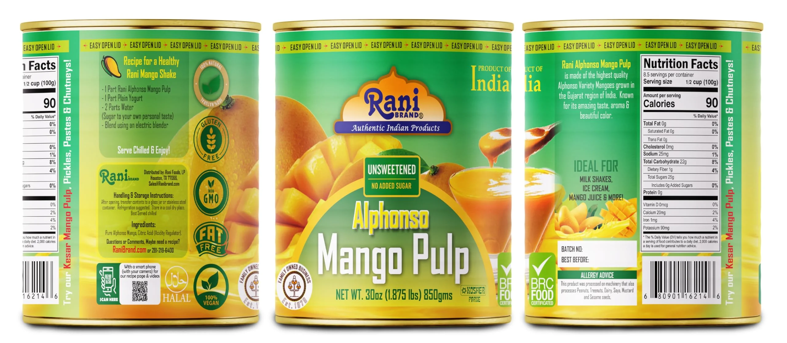 Rani Mango Pulp Puree (Makes Mango Lassi Shakes) Alphonso Unsweetened 30oz (1.875lbs) 850g Pack of 2 ~ Kosher | All Natural | NON-GMO | Vegan | No colors | Gluten Friendly | Indian Origin - Image 7