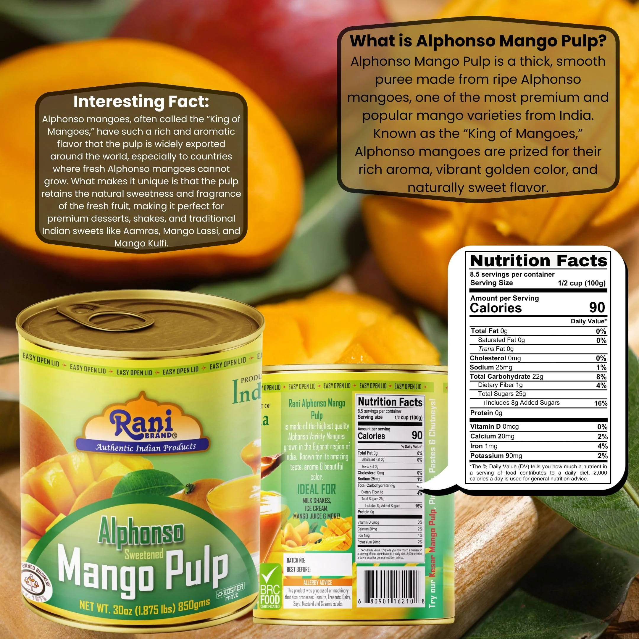 Rani Mango Pulp Puree (Makes Mango Lassi Shakes) Alphonso Sweetened 30oz (1.875lbs) 850g ~ Kosher | All Natural | NON-GMO | Vegan | No colors | Gluten Friendly | Indian Origin - Image 3