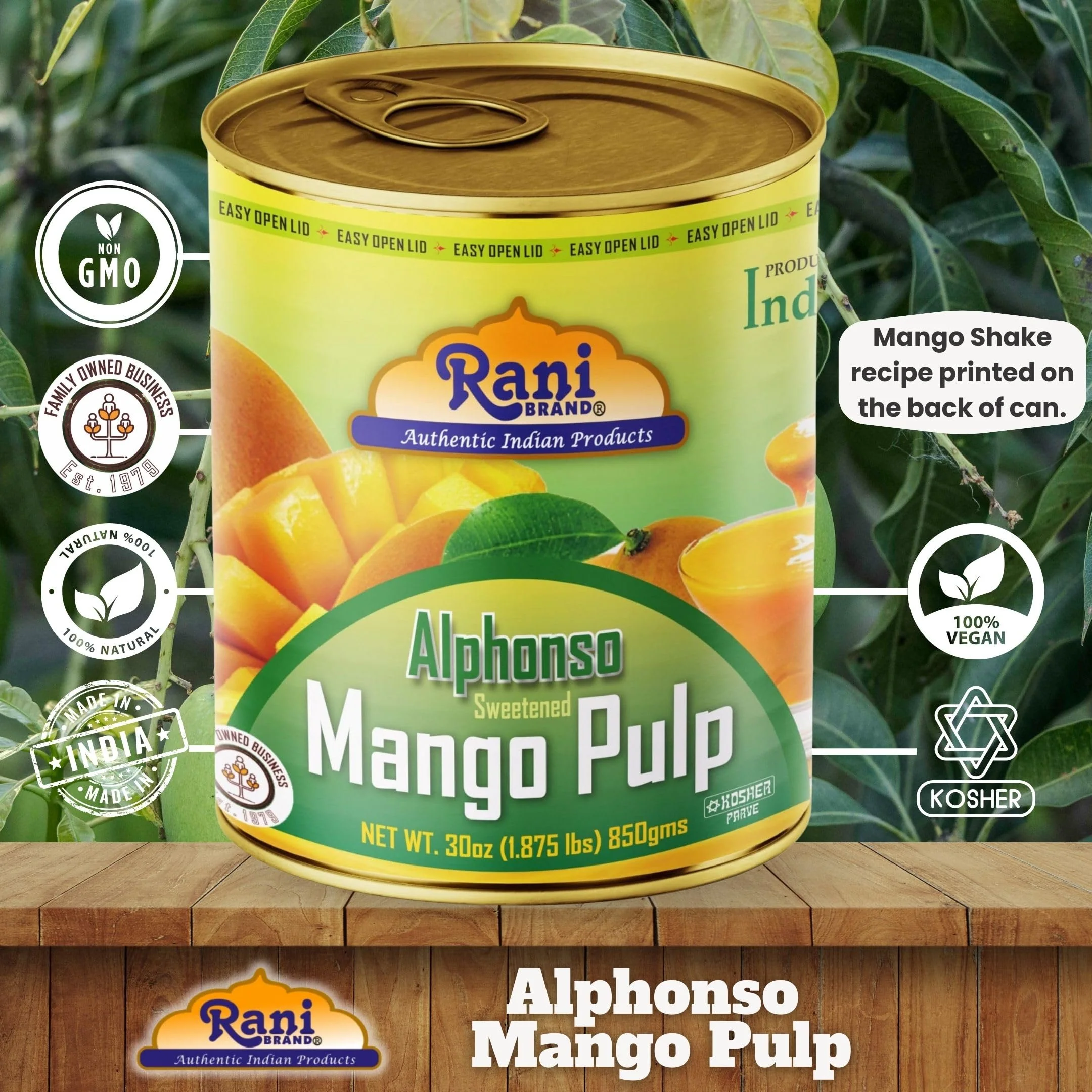 Rani Mango Pulp Puree (Makes Mango Lassi Shakes) Alphonso Sweetened 30oz (1.875lbs) 850g ~ Kosher | All Natural | NON-GMO | Vegan | No colors | Gluten Friendly | Indian Origin - Image 4