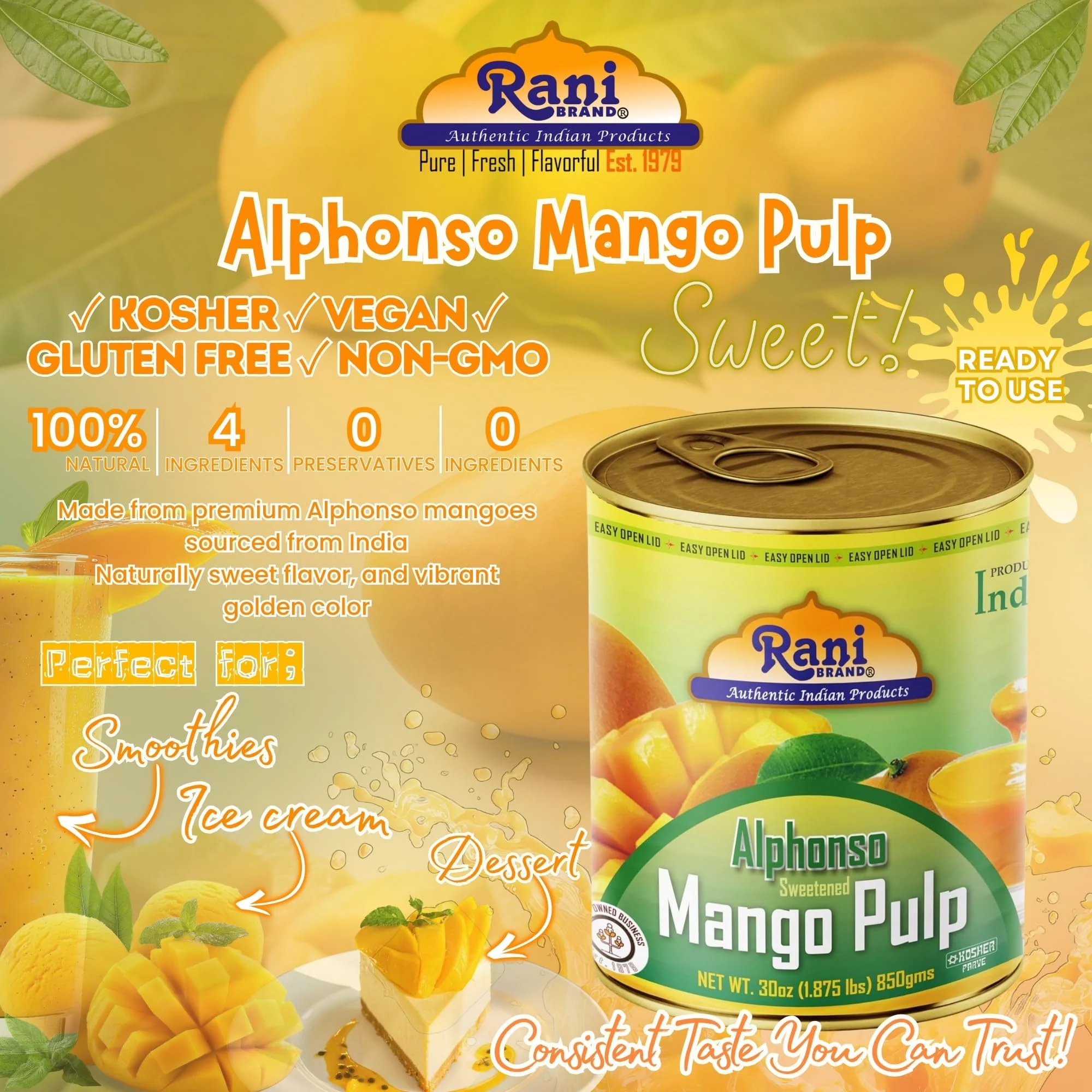 Rani Mango Pulp Puree (Makes Mango Lassi Shakes) Alphonso Sweetened 30oz (1.875lbs) 850g ~ Kosher | All Natural | NON-GMO | Vegan | No colors | Gluten Friendly | Indian Origin - Image 7