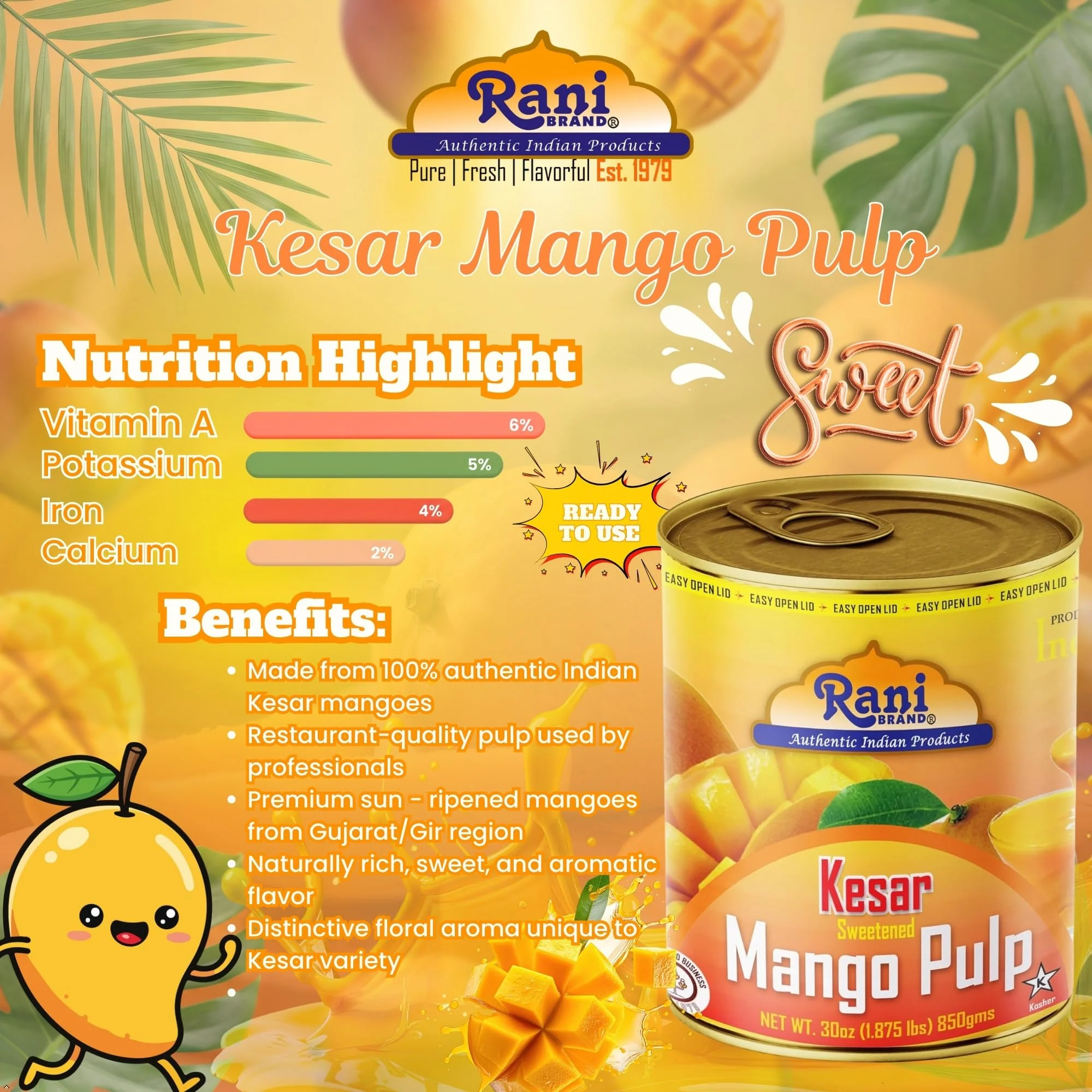 Rani Mango Pulp Puree (Kesar Sweetened) 30oz (1.875lbs) 850g Pack of 6 ~ Kosher | All Natural | NON-GMO | Vegan | No colors | Gluten Friendly - Image 6