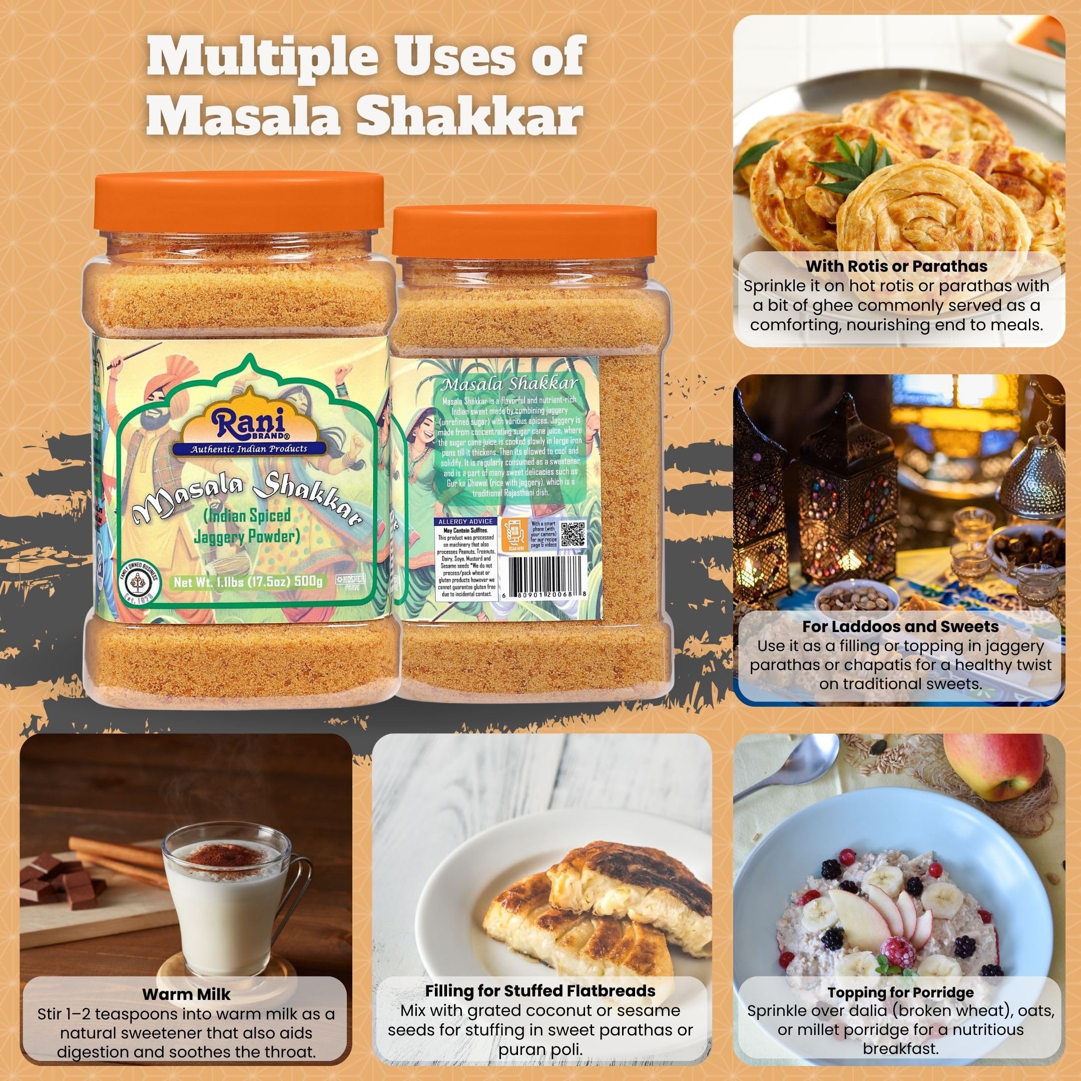 Rani Masala Shakkar (Indian Spiced Jaggery Powder) Unrefined Raw Cane Sugar 17.5oz (1.1lbs) 500g PET Jar ~ Gluten Friendly | Vegan | NON-GMO | Kosher | No Salt or fillers | Indian Product - Image 2