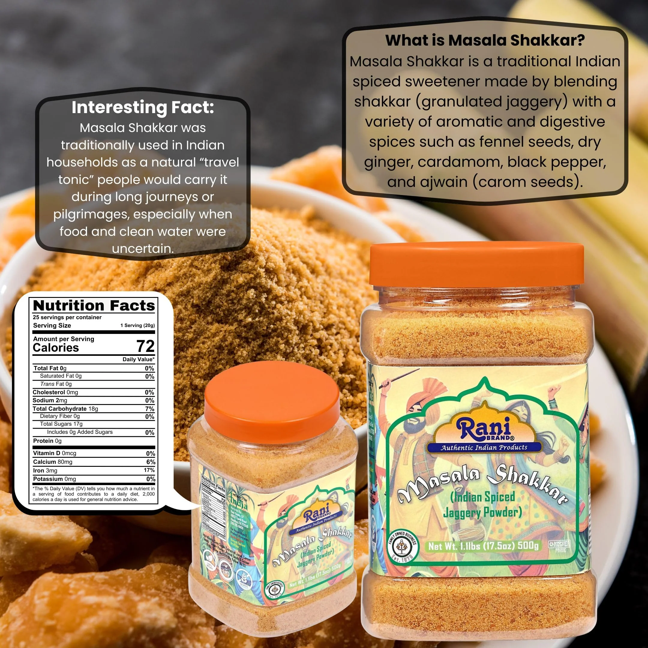 Rani Masala Shakkar (Indian Spiced Jaggery Powder) Unrefined Raw Cane Sugar 17.5oz (1.1lbs) 500g PET Jar ~ Gluten Friendly | Vegan | NON-GMO | Kosher | No Salt or fillers | Indian Product - Image 3
