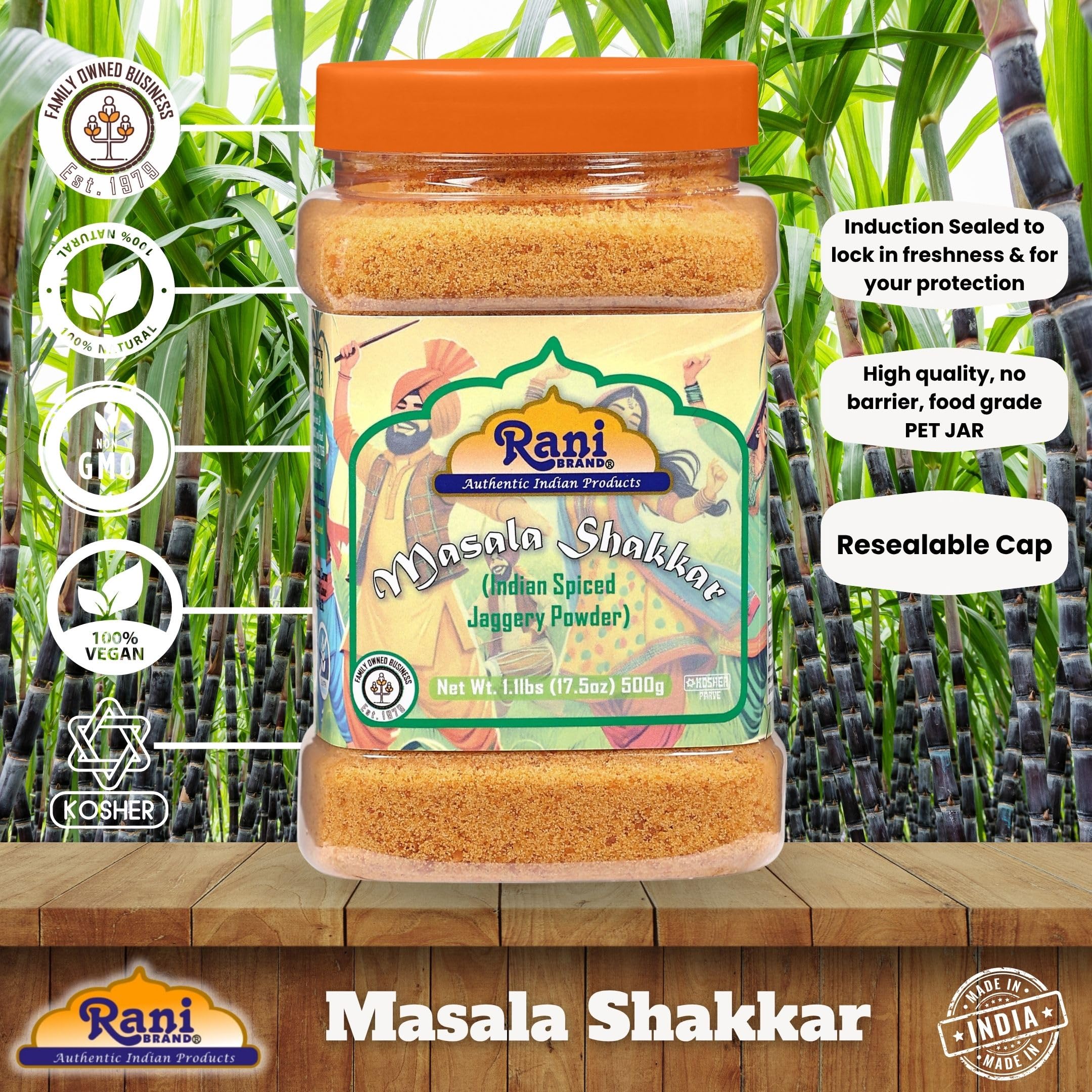 Rani Masala Shakkar (Indian Spiced Jaggery Powder) Unrefined Raw Cane Sugar 17.5oz (1.1lbs) 500g PET Jar ~ Gluten Friendly | Vegan | NON-GMO | Kosher | No Salt or fillers | Indian Product - Image 4