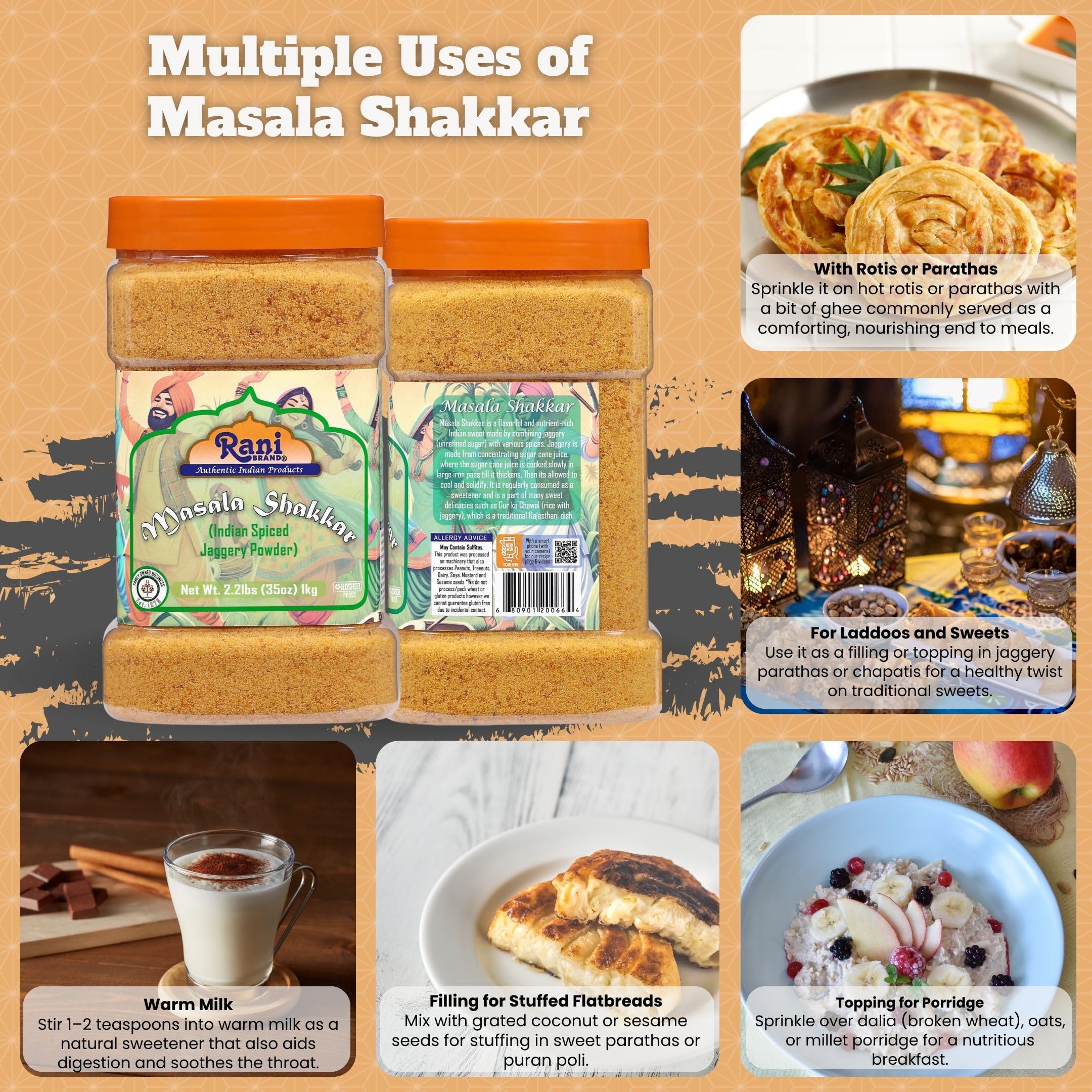 Rani Masala Shakkar (Indian Spiced Jaggery Powder) Unrefined Raw Cane Sugar 35oz (2.2lbs) 1kg PET Jar ~ Gluten Friendly | Vegan | NON-GMO | Kosher | No Salt or fillers | Indian Product - Image 2