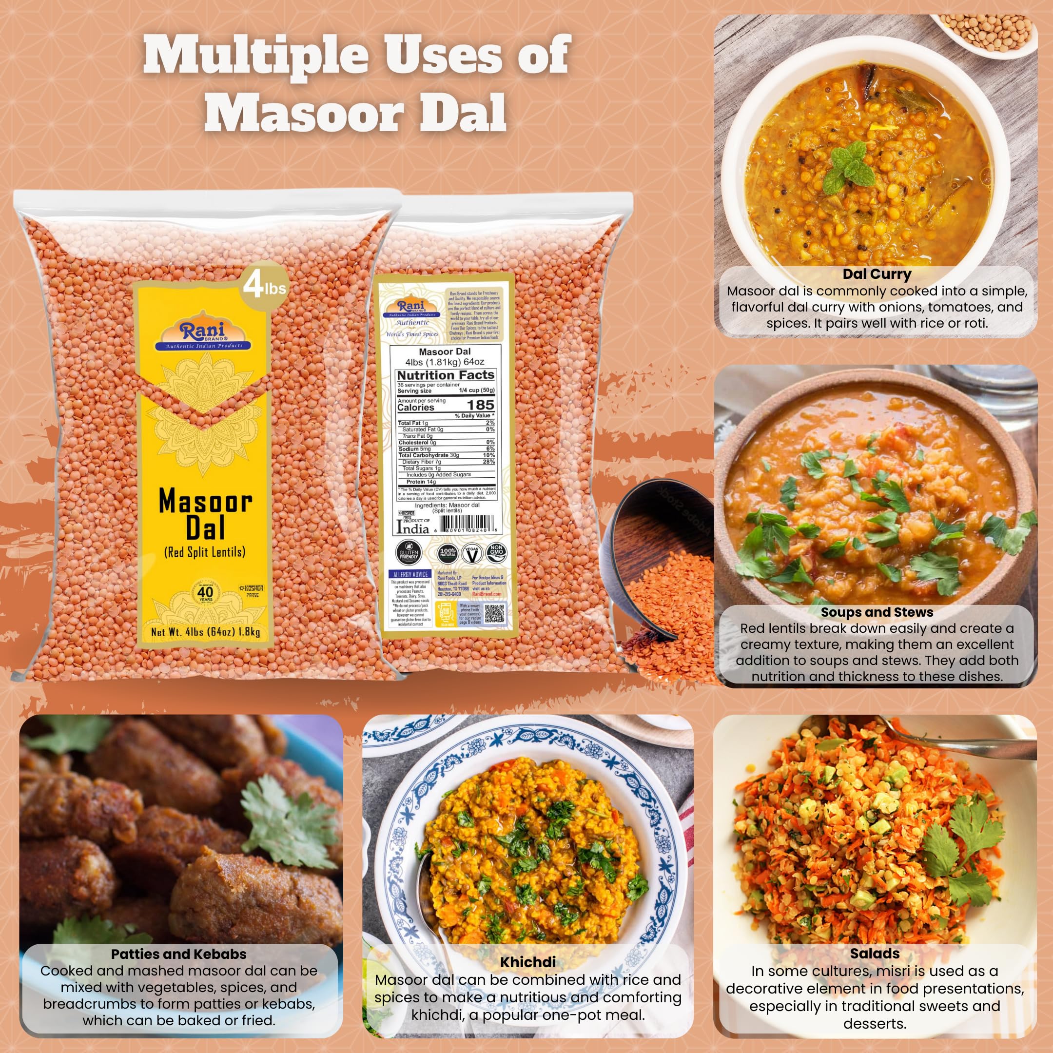 Rani Masoor Dal (Indian Red Lentils) Split Gram, 64oz (4lbs) 1.81kg ~ All Natural | Gluten Friendly | NON-GMO | Kosher | Vegan | Indian Origin - Image 2