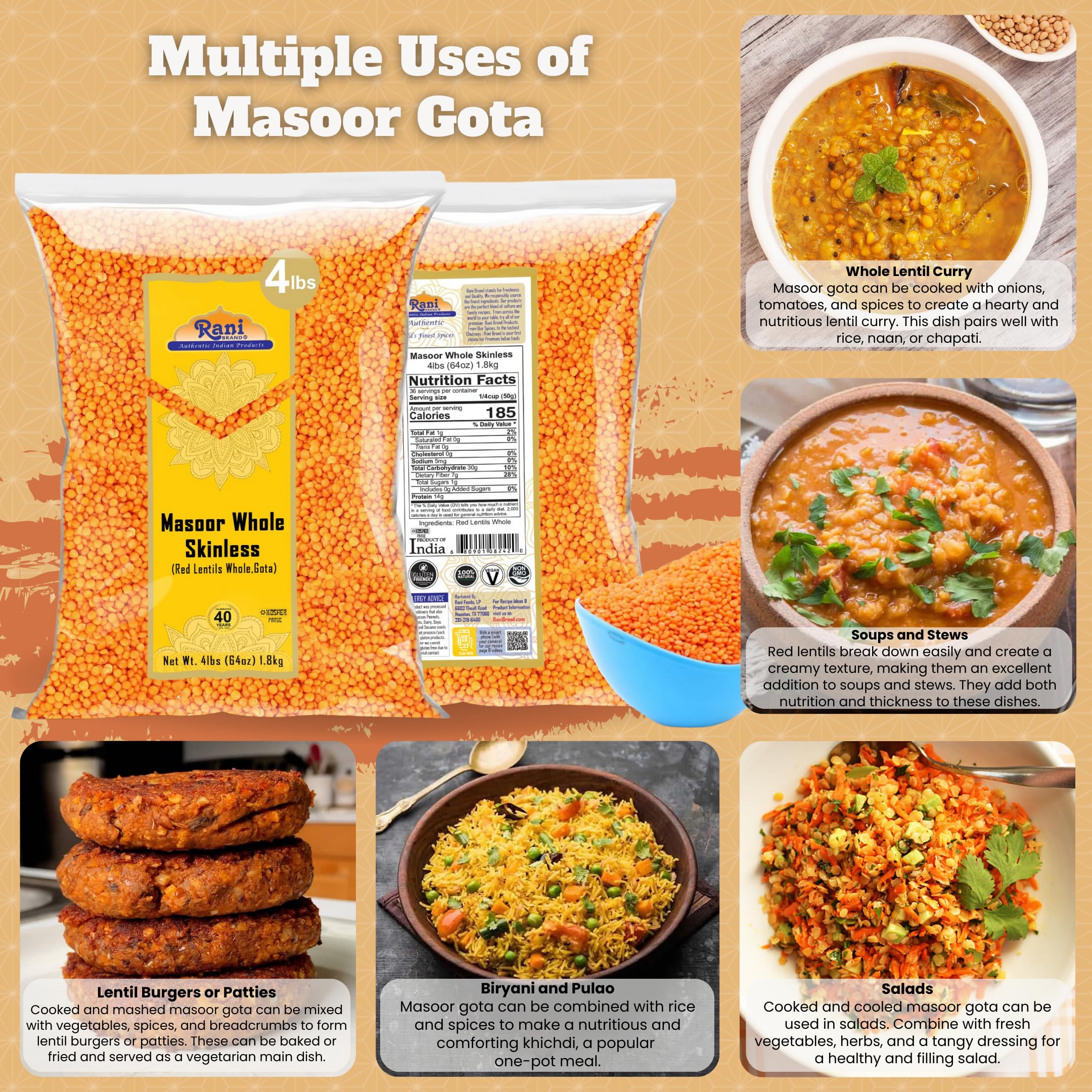 Rani Masoor Gota (Football) Indian Red Lentils Skinless 64oz (4lbs) 1.81kg ~ All Natural | Gluten Friendly | NON-GMO | Kosher | Vegan | Product of USA - Image 2