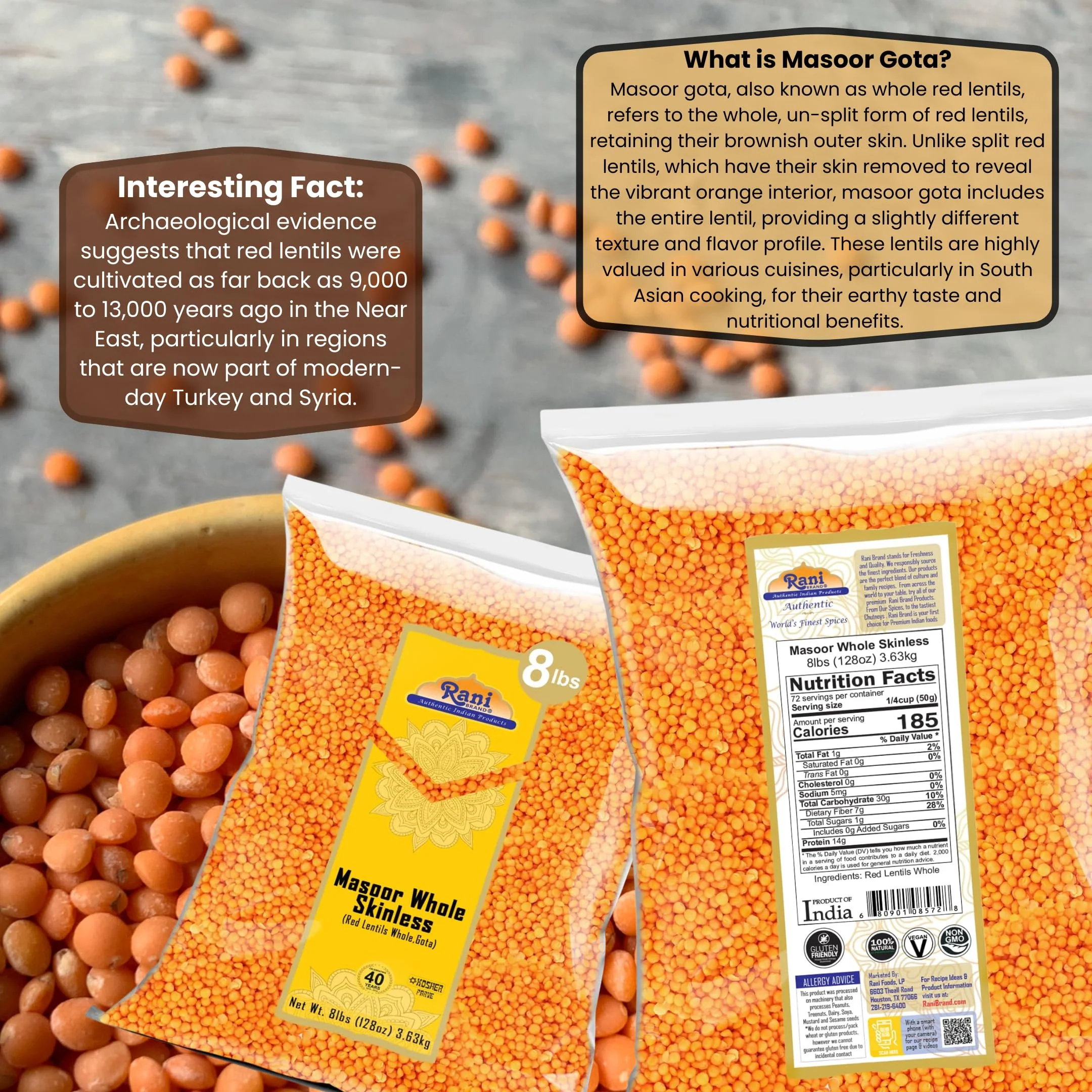 Rani Masoor Gota (Football) Indian Red Lentils Skinless 128oz (8lbs) 3.63kg Bulk ~ All Natural | Gluten Friendly | NON-GMO | Kosher | Vegan | Product of USA - Image 3