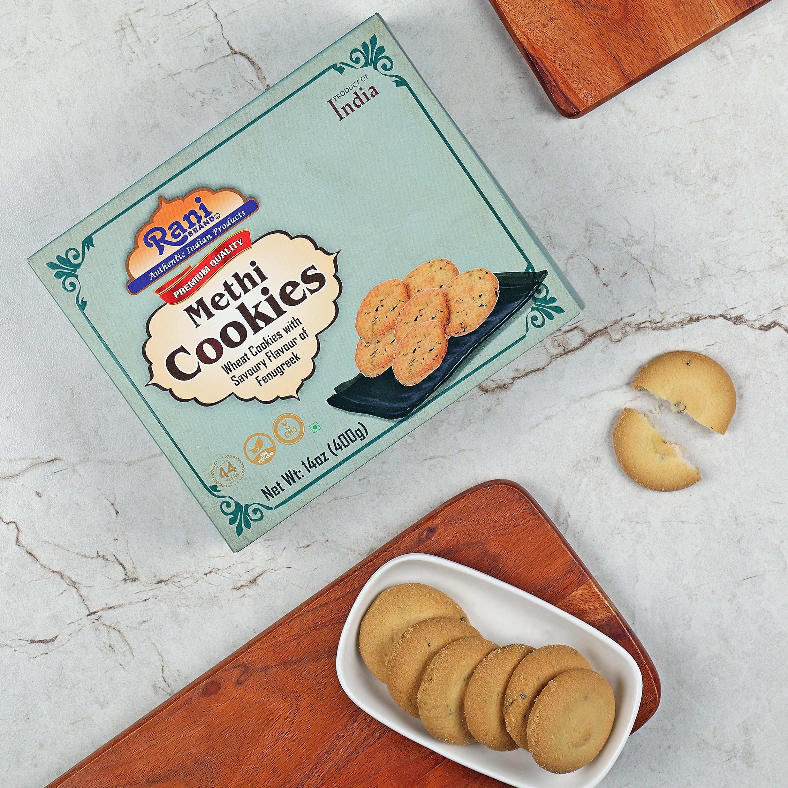 Rani Methi Cookies (Wheat Cookies with Savoury Flavour of Fenugreek) 14oz (400g) Pack of 3+1 FREE, Premium Quality Indian Cookies ~ All Natural | Vegan | Non-GMO | Indian Origin - Image 2