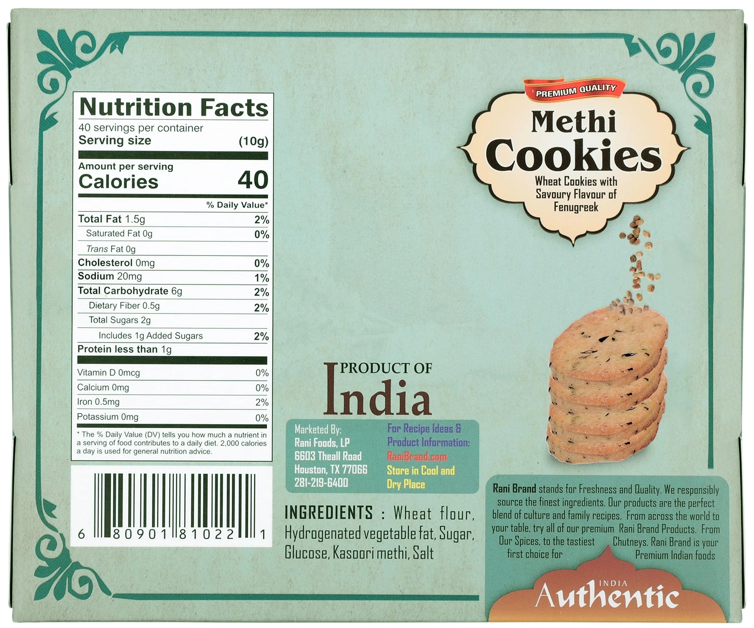 Rani Methi Cookies (Wheat Cookies with Savoury Flavour of Fenugreek) 14oz (400g) Pack of 3+1 FREE, Premium Quality Indian Cookies ~ All Natural | Vegan | Non-GMO | Indian Origin - Image 4