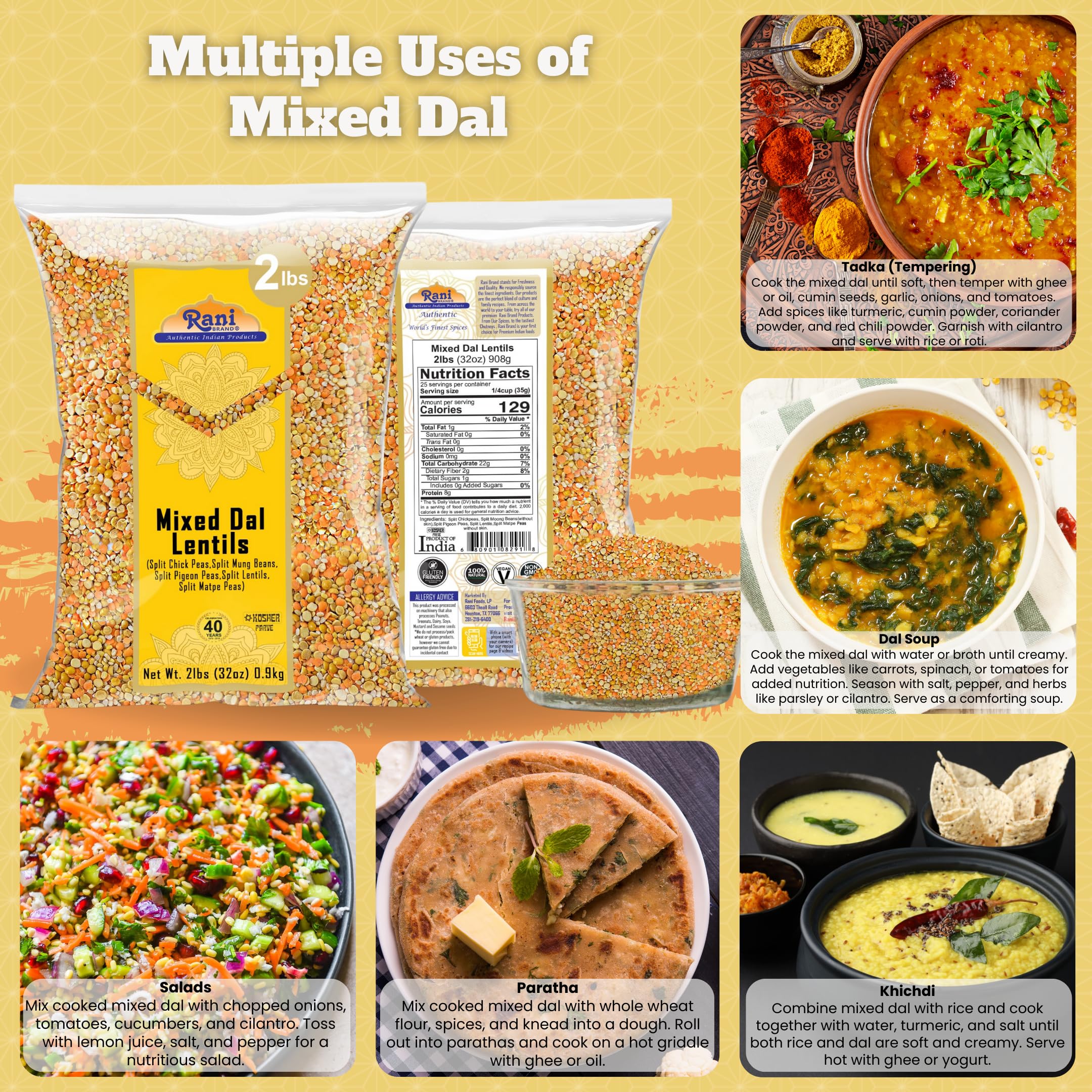 Rani Mixed Dal (Chana Dal, Moong Dal, Toor Dal, Masoor Dal, Urad Dal) 32oz (2lbs) 908g ~ All Natural | Gluten Friendly | NON-GMO | Kosher | Vegan | Indian Origin - Image 6