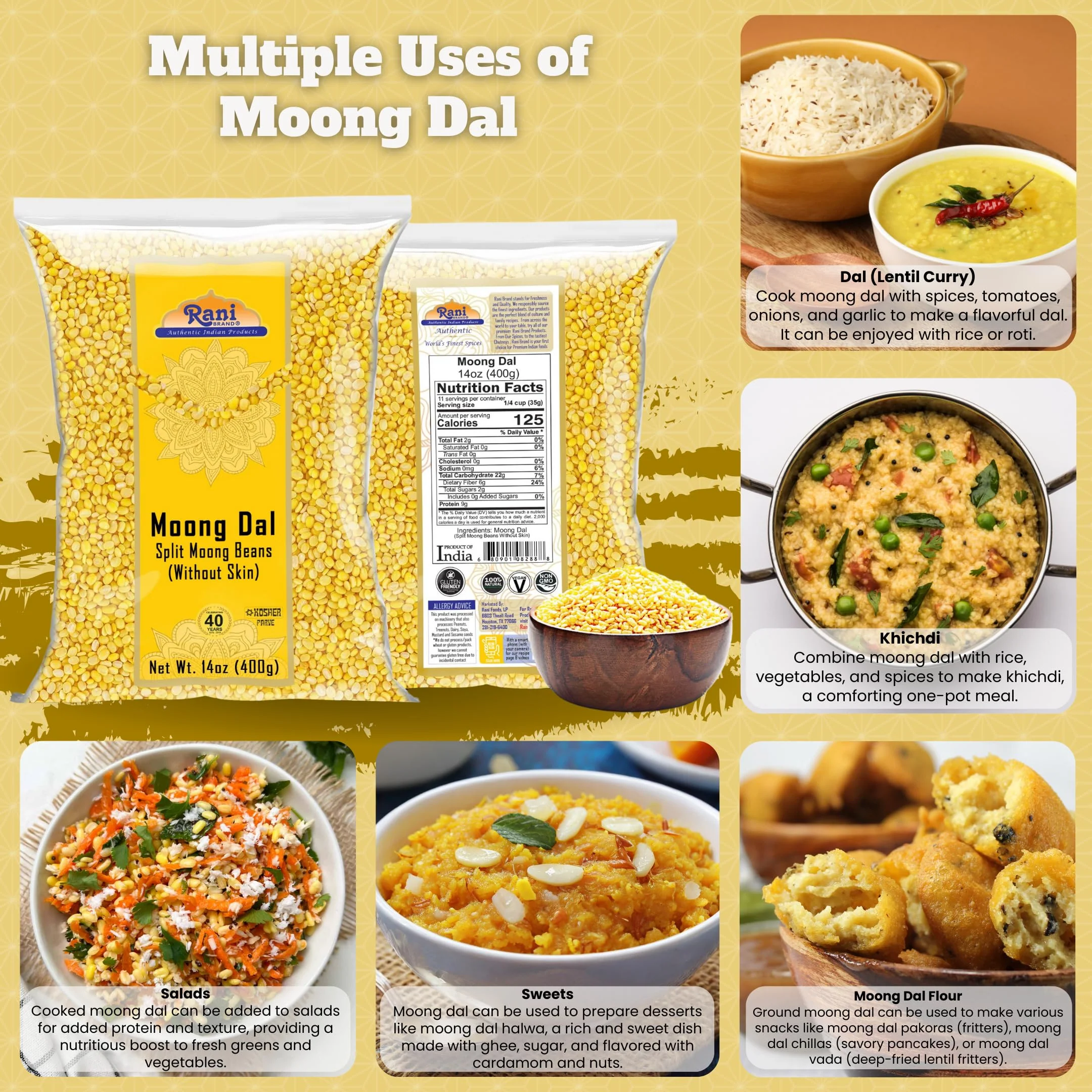 Rani Moong Dal (Split Mung Beans Without Skin) Lentils Indian 14oz (400g) ~ All Natural | Gluten Friendly | Non-GMO | Kosher | Vegan | Indian Origin - Image 2
