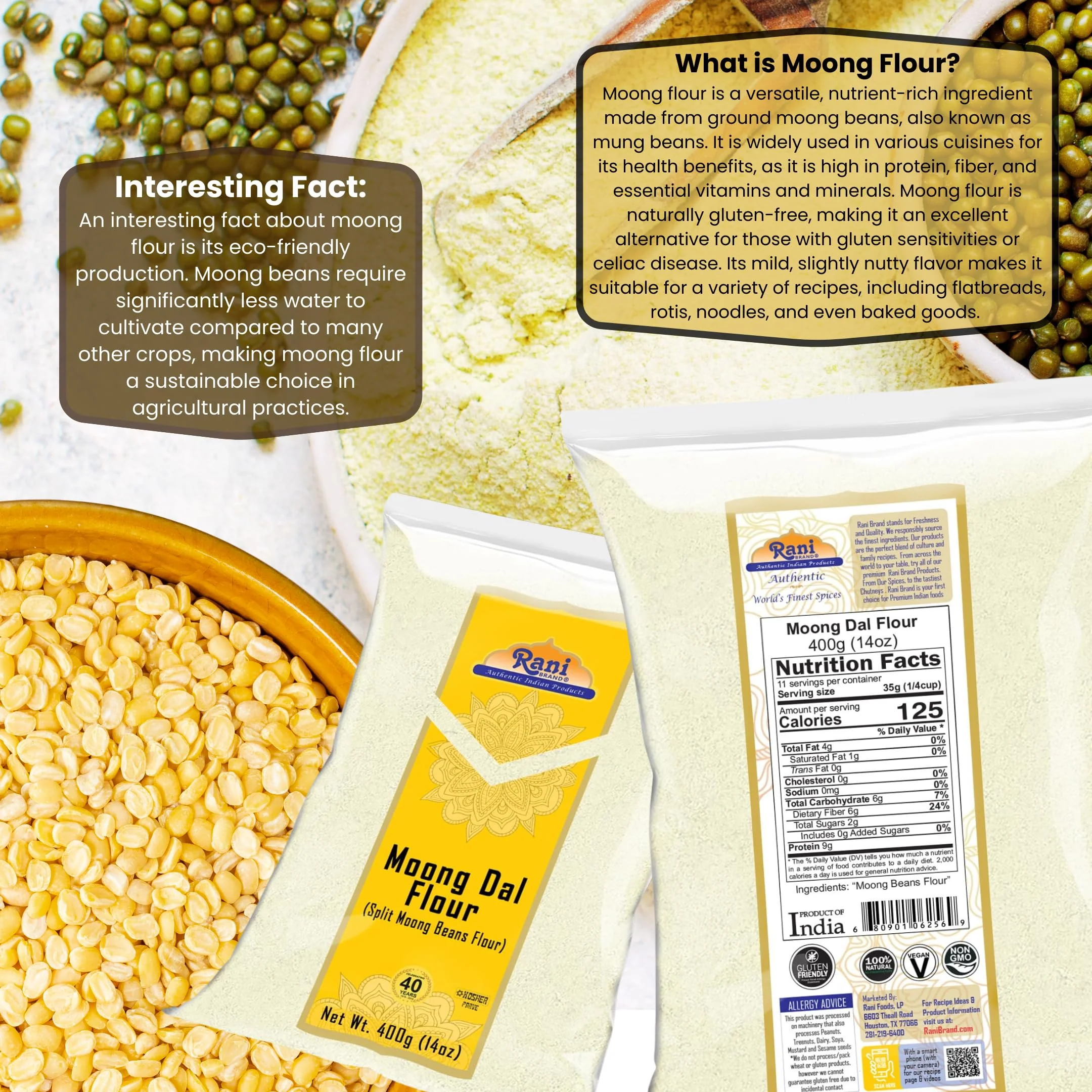 Rani Moong Flour (Mung Bean Flour, Green Gram Flour) 14oz (400g) ~ All Natural | Vegan | Gluten Friendly | NON-GMO | Kosher | Indian Origin - Image 3