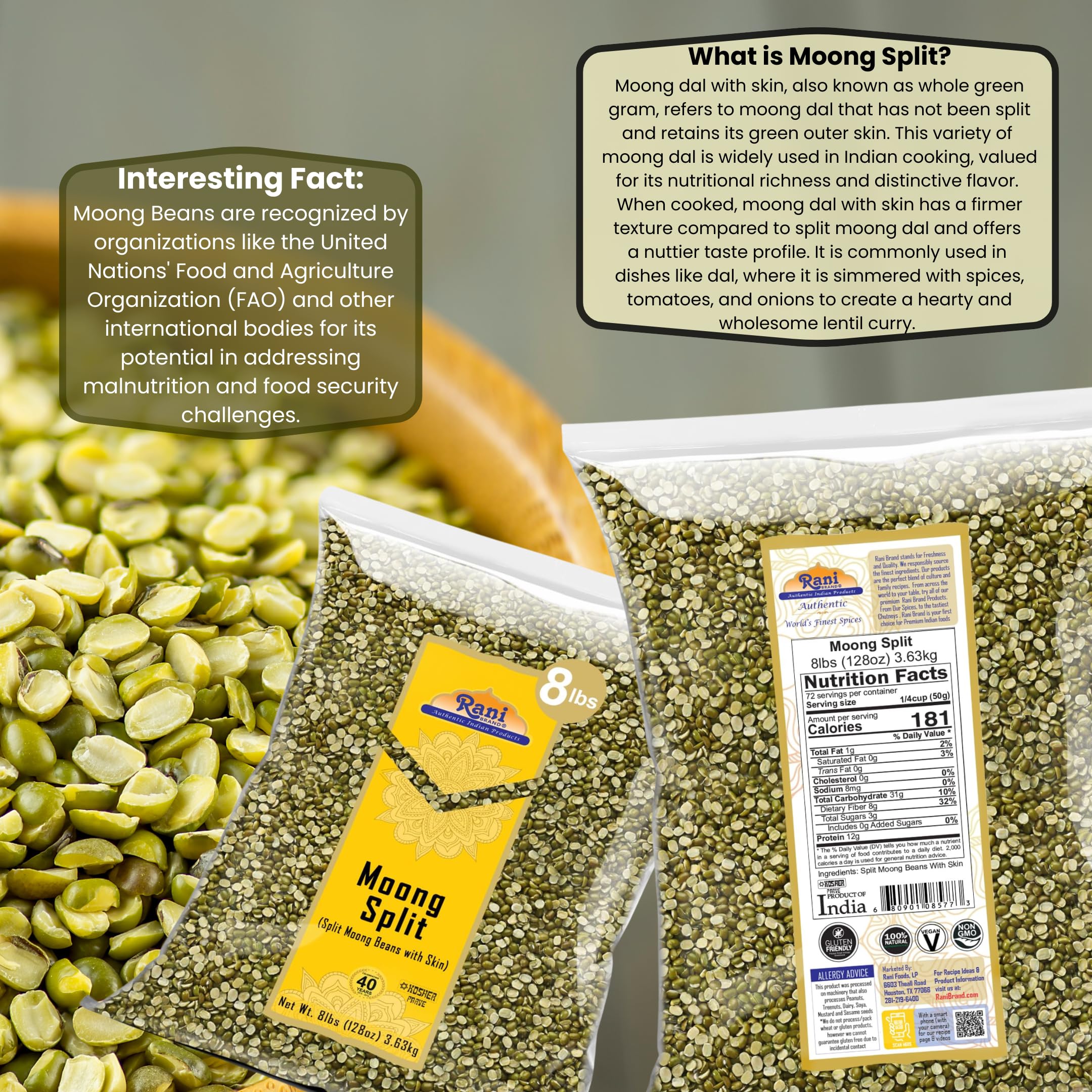 Rani Moong Split (Split Mung Beans with Skin) Lentils Indian 128oz (8lbs) 3.63kg Bulk ~ All Natural | Gluten Friendly | Non-GMO | Kosher | Vegan | Indian Origin - Image 3