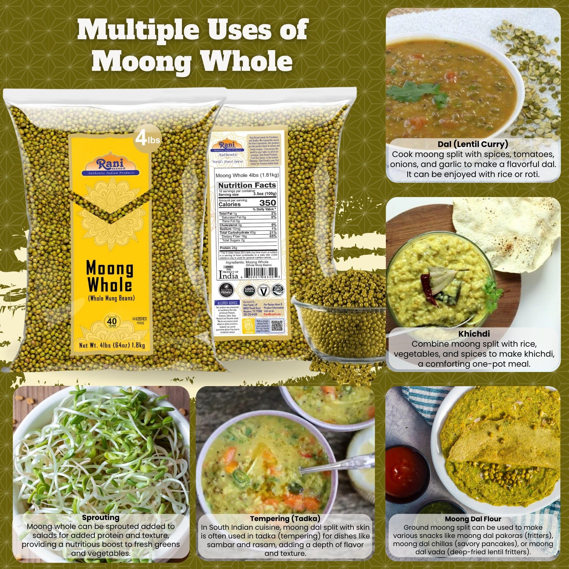 Rani Moong Whole (Ideal for cooking & sprouting, Whole Mung Beans with skin) Lentils Indian 64oz (4lbs) 1.81kg Bulk ~ All Natural | Gluten Friendly | Non-GMO | Kosher | Vegan | Indian Origin - Image 2