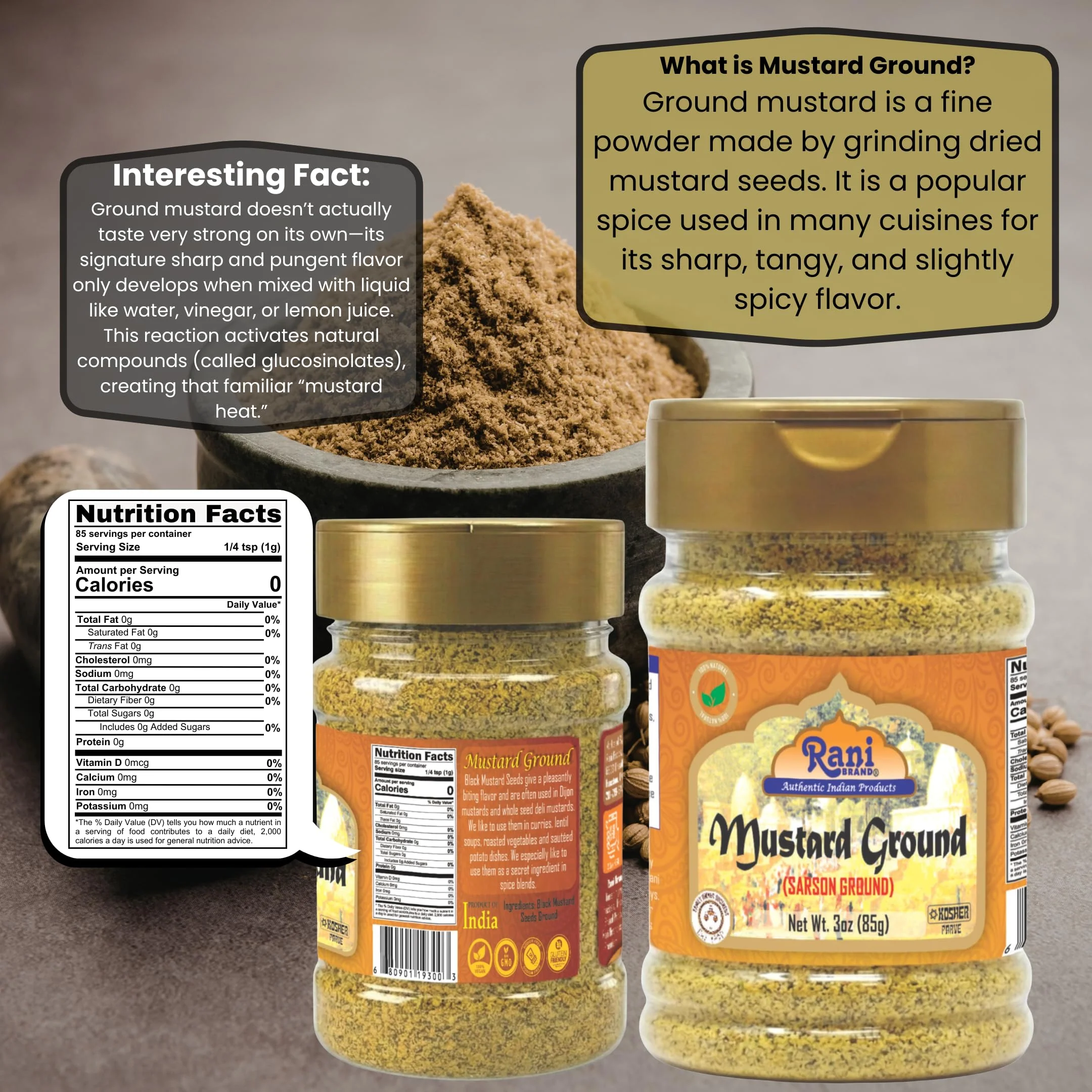 Rani Mustard Seeds Ground, Powder Spice (Rai Sarson) 3oz (85g) PET Jar ~ All Natural | Gluten Friendly | NON-GMO | Kosher | Vegan | Indian Origin - Image 3