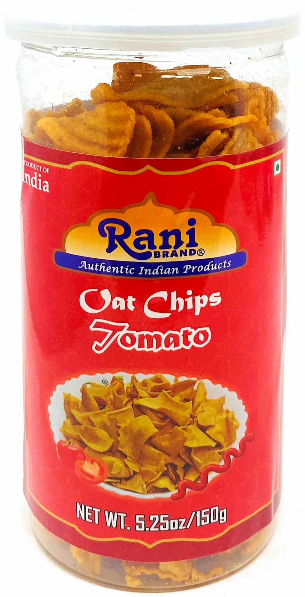 Rani Oat Chips Tomato 5.25oz (150g) Vacuum Sealed, Easy Open Top, Resealable Container ~ Indian Tasty Treats | Vegan | NON-GMO | Indian Origin