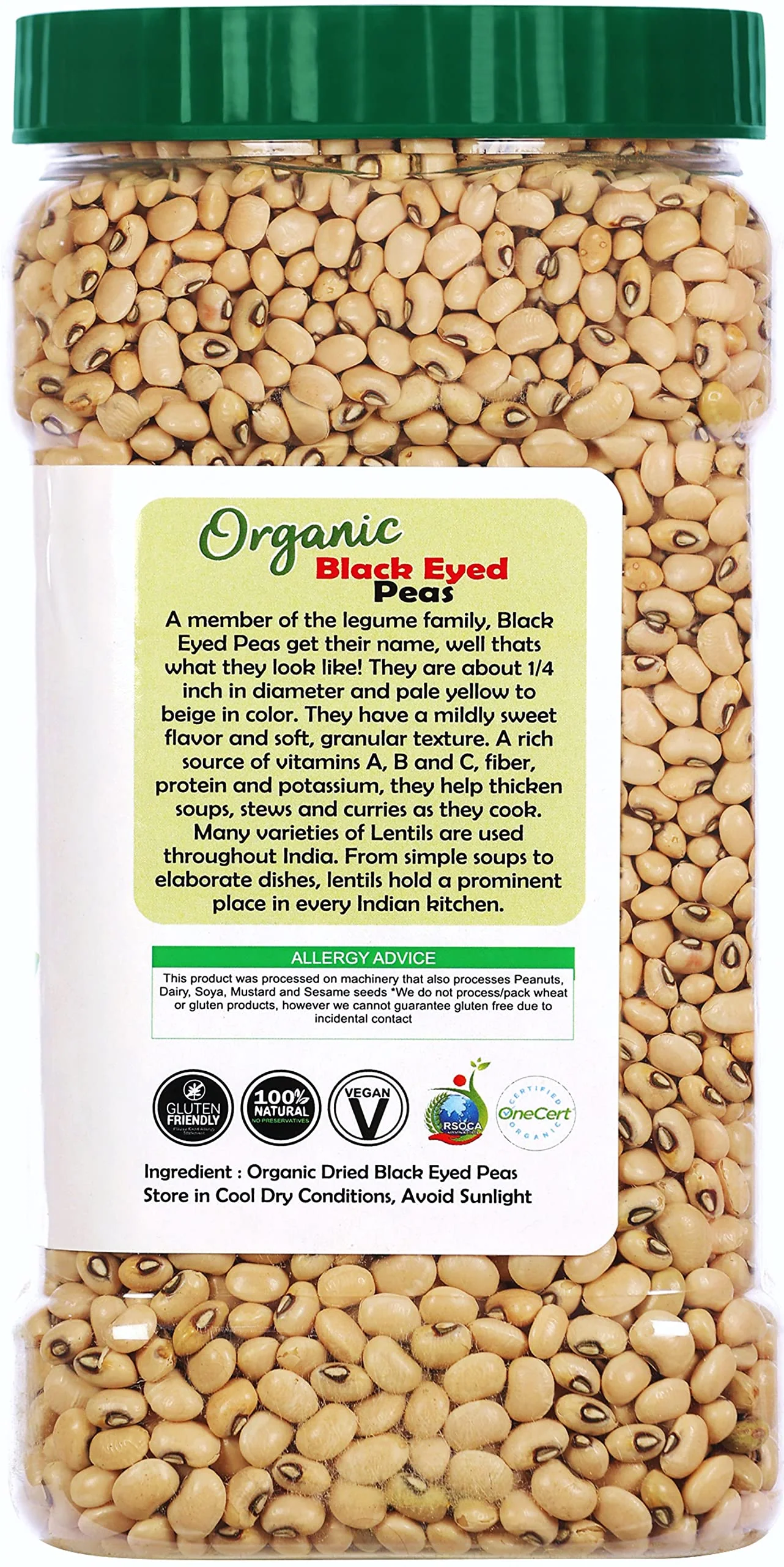 Rani Organic Black Eyed Peas (Dried Lobia) 64oz (4lbs) 1.81kg Bulk PET Jar ~ All Natural | Vegan | Gluten Friendly | NON-GMO| USDA Certified Organic - Image 4