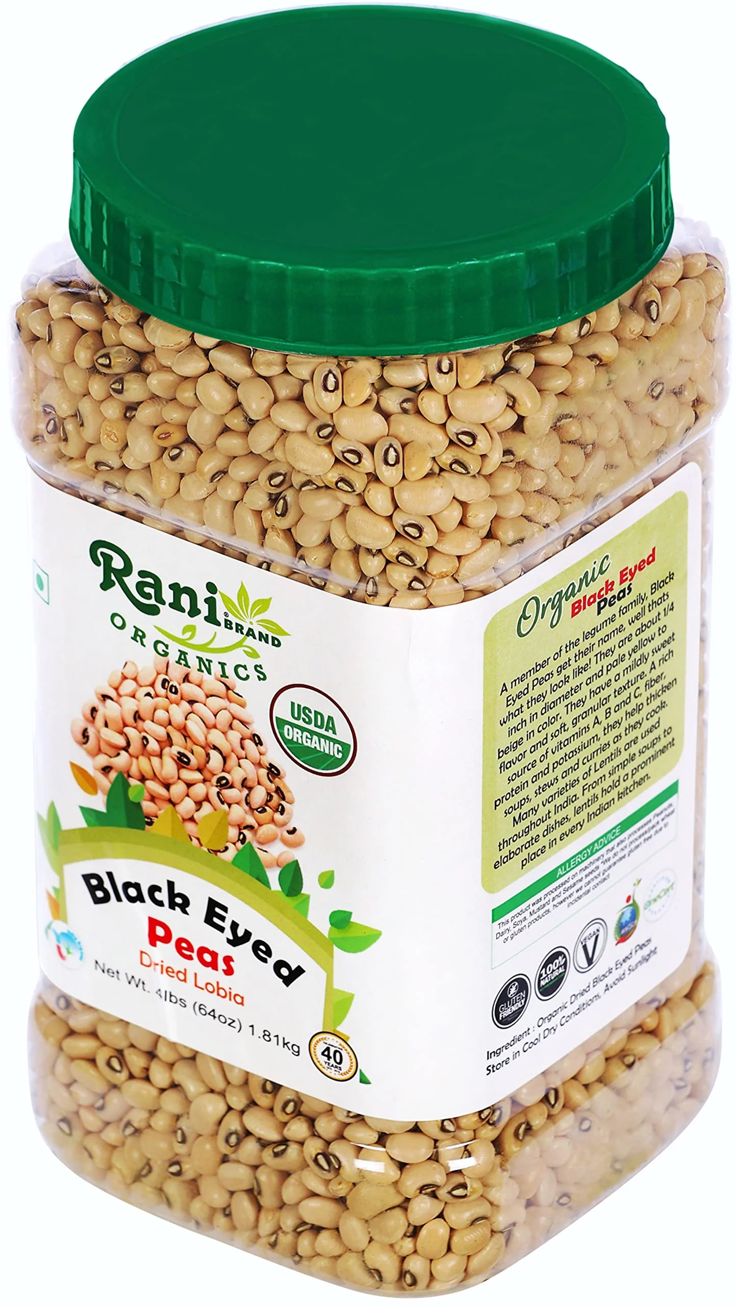 Rani Organic Black Eyed Peas (Dried Lobia) 64oz (4lbs) 1.81kg Bulk PET Jar ~ All Natural | Vegan | Gluten Friendly | NON-GMO| USDA Certified Organic - Image 8
