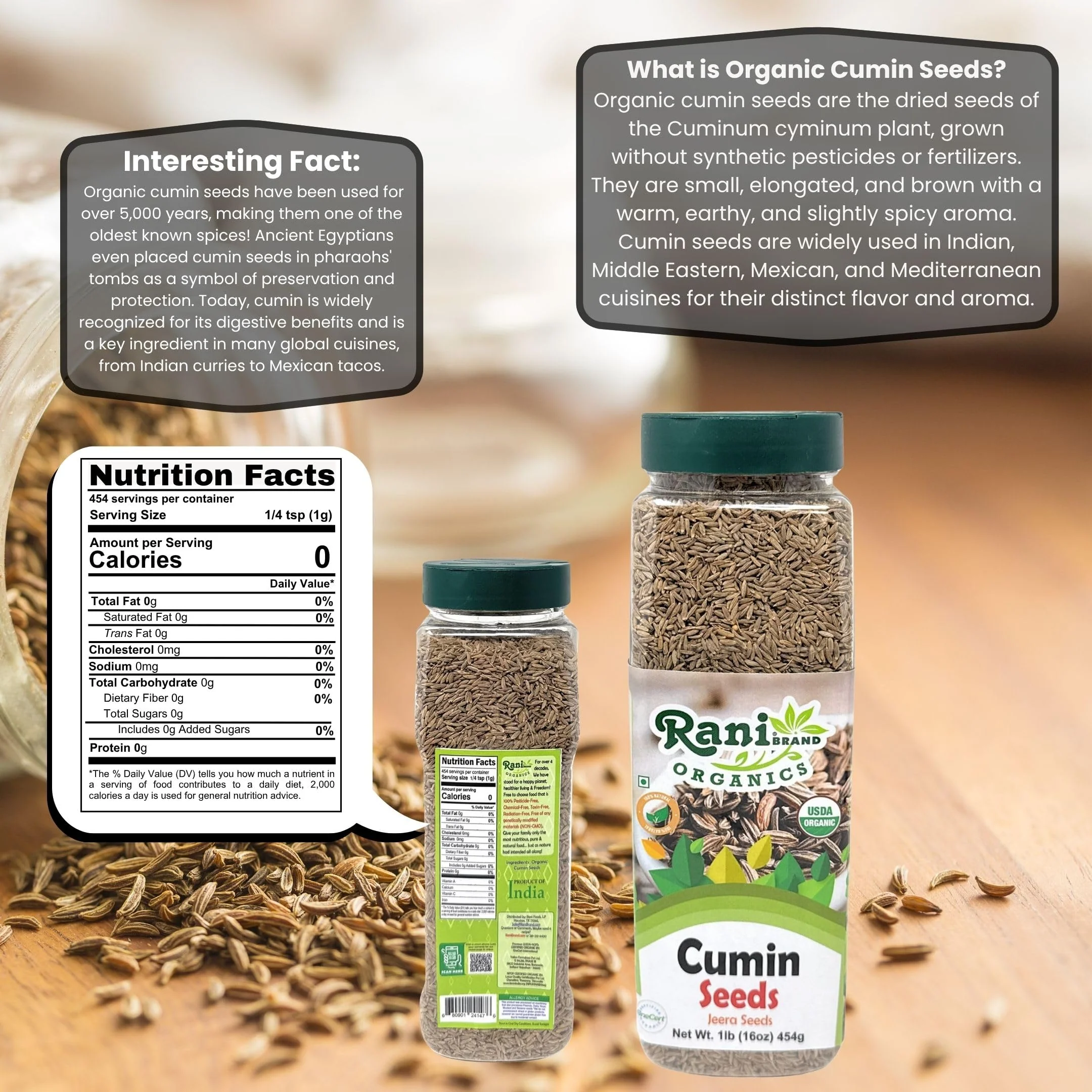 Rani Organic Cumin Seeds Whole (Jeera Sabut) 16oz (1lb) 454g PET Jar ~ All Natural | Vegan | Gluten Friendly | NON-GMO | Kosher | Indian Origin | USDA Certified Organic - Image 3