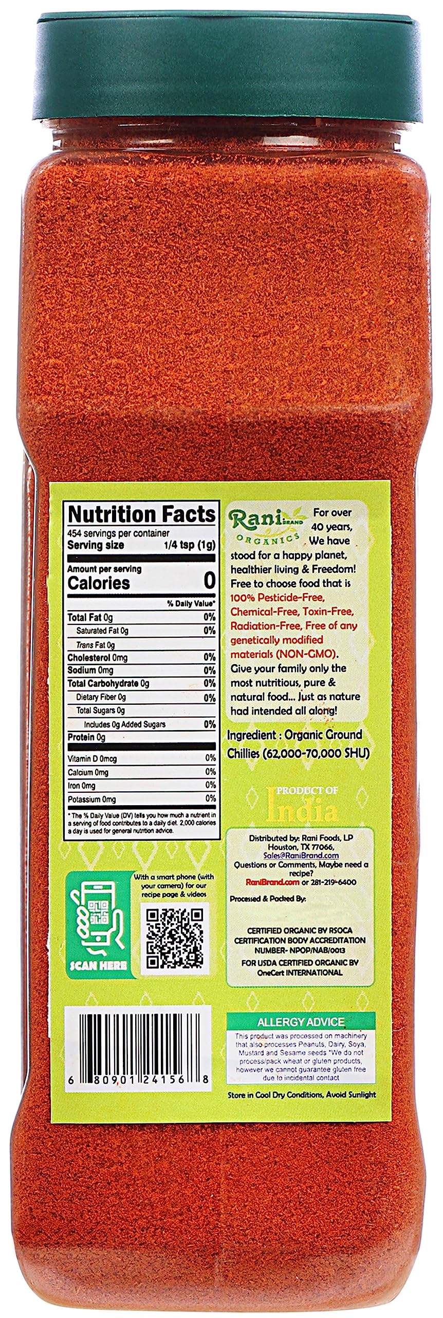 Rani Organic Extra Hot Chilli Powder (Hot Mirchi Ground) 16oz (1lb) 454g PET Jar ~ All Natural | Vegan | Gluten Friendly | NON-GMO | Indian Origin | USDA Certified Organic - Image 4