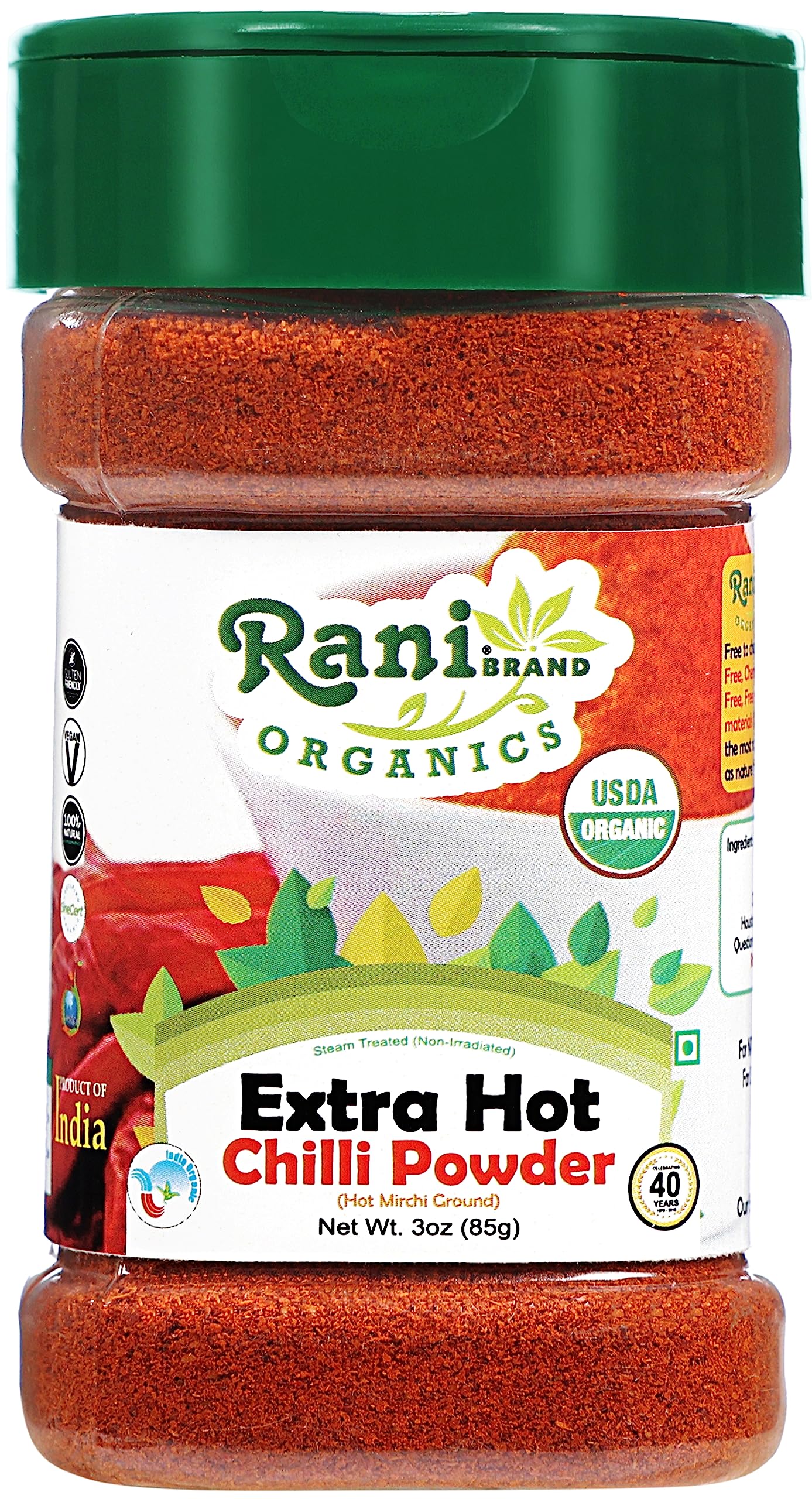 Rani Organic Extra Hot Chilli Powder (Hot Mirchi Ground) 3oz (85g) PET Jar ~ All Natural | Vegan | Gluten Friendly | NON-GMO | Indian Origin | USDA Certified Organic